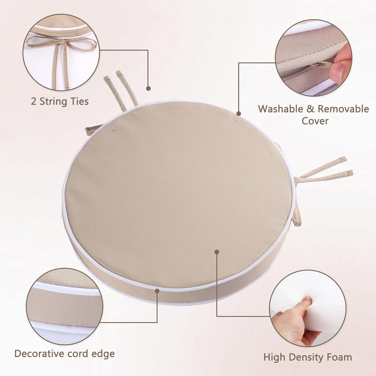 Outdoor Diameter 16 Inch Round Bistro Chair Cushion, Waterproof & Fade-Resistant Circular Seat Pad with Ties for Patio Furniture, Set of 2, Khaki