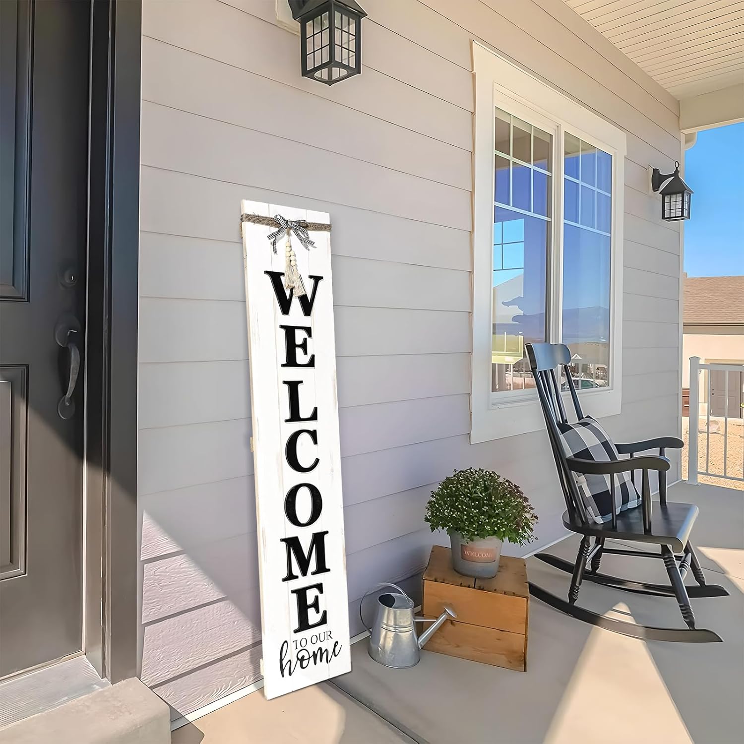 MODE HOME Solid Wood Farmhouse Welcome Sign for Front Porch, 47x10 Inch Large Farmhouse Style Rustic Welcome Sign Stand for Front Door or Entryway(Whitewashed)
