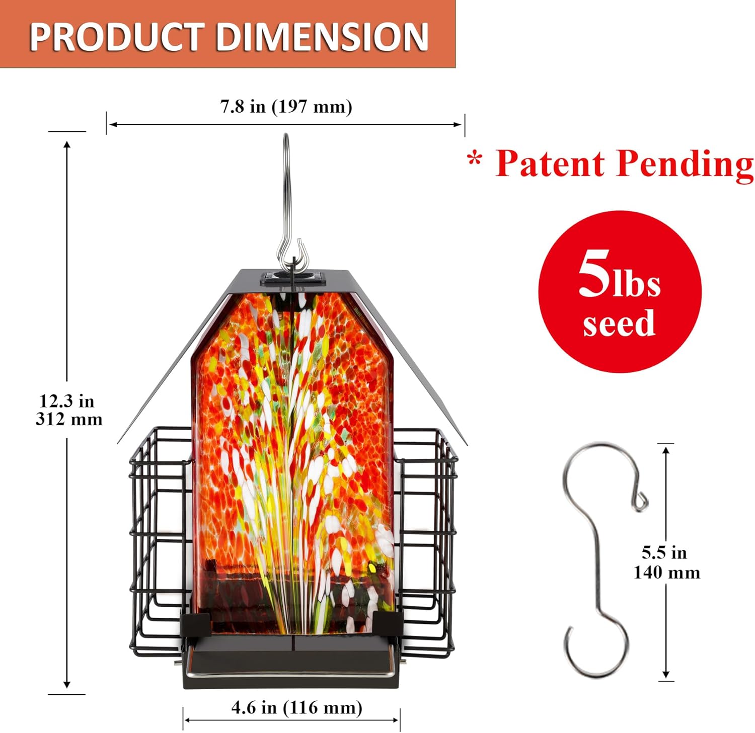 LUJII Solar Bird Feeder for Outdoor Hanging, 2 Suet Cake Cages, Hand-Blown Glass Container, Metal Roof, All-Weather Design for Woodpeckers, Red