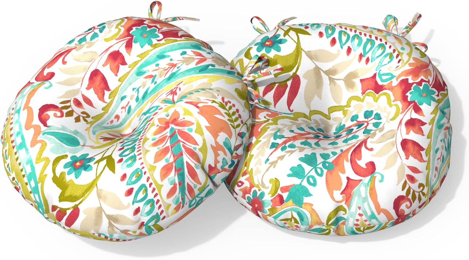 Outdoor Bistro Chair Cushion with Ties, Tufted Patio Chair Cushions Set of 2, Round Seat Cushion 15”x15”x4” for Home Garden Balcony Office Porch Lawn Deck, Paisley Multi