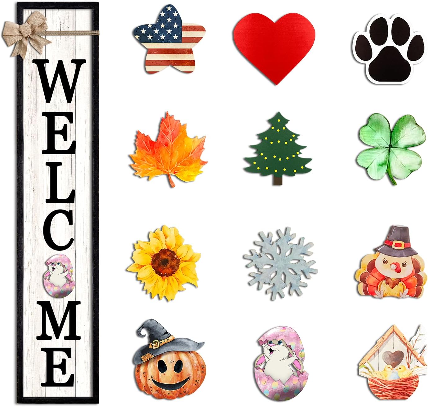 Surfapans Interchangeable Welcome Sign for Front Porch Standing 45"X9" Large with 12 Pcs Replaceable Icons Outdoor Decorations Frame Tall Vertical Outside Farmhouse Rustic Door Decor (Wood)