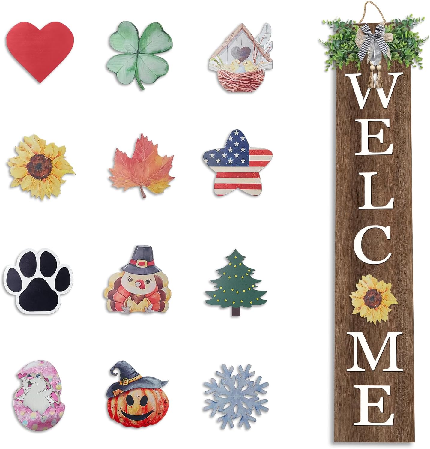 Interchangeable Outdoor Welcome Sign for Front Porch Standing 47"×8" Set of 3 Large Wood Frame with 12 Pcs Icons Vertical Tall Leaner Outside Welcome Sign for Front Door Decor (Wood)