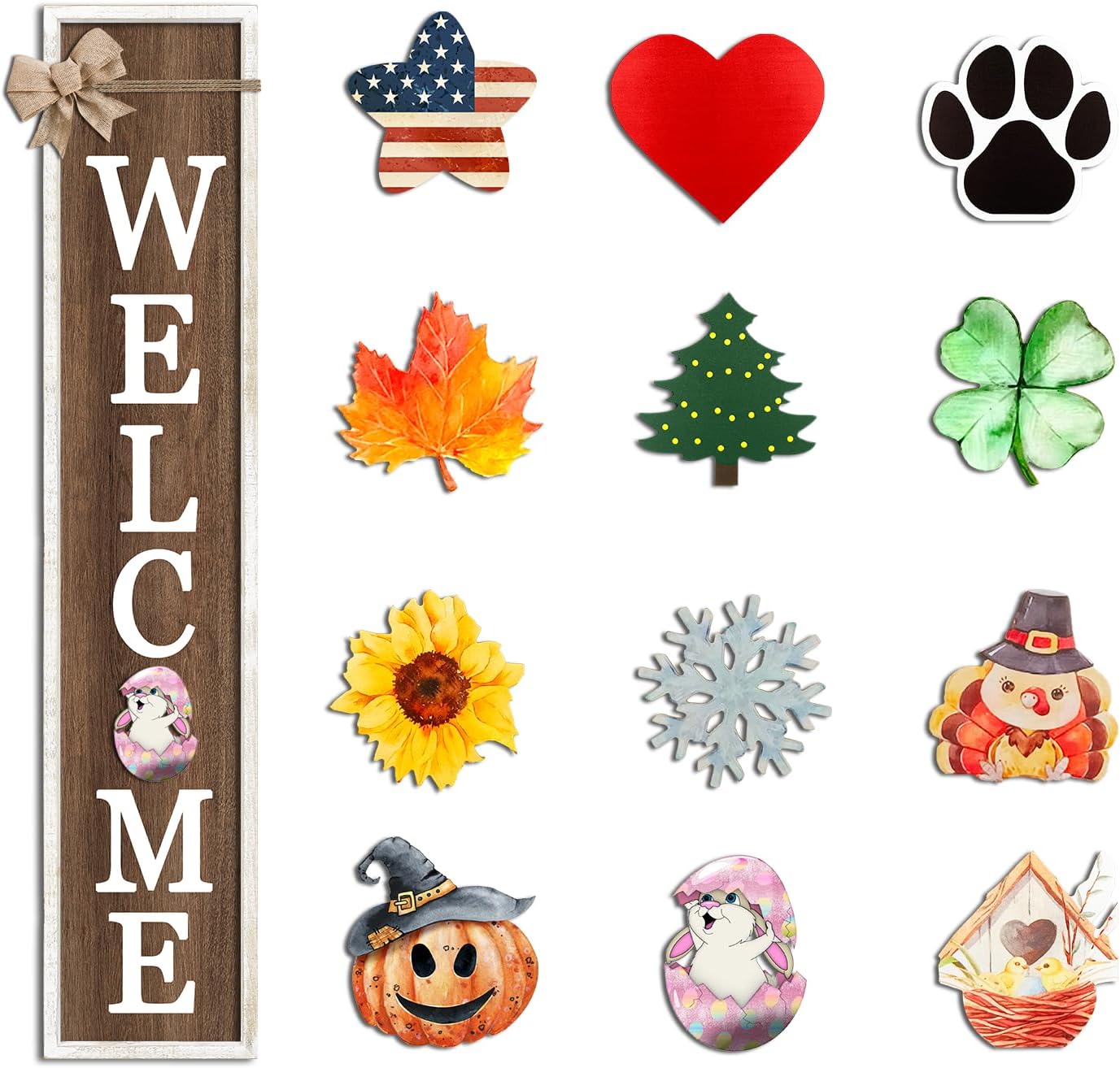 Surfapans Interchangeable Welcome Sign for Front Porch Standing 45"X9" Large with 12 Pcs Replaceable Icons Outdoor Decorations Frame Tall Vertical Outside Farmhouse Rustic Door Decor (Wood)