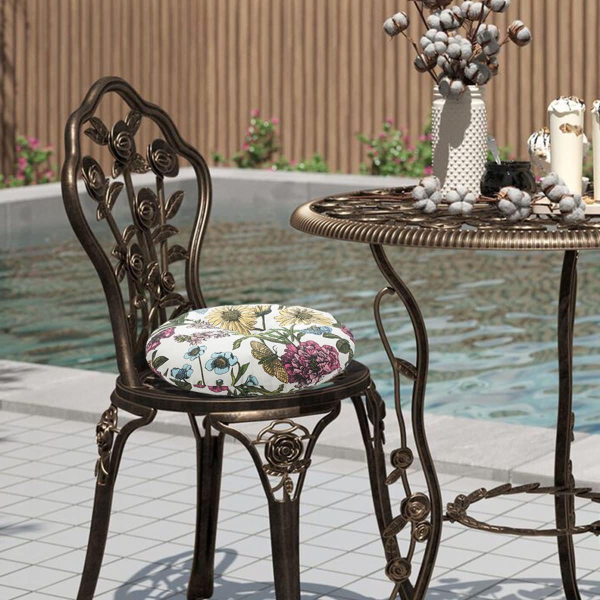 Bistro Chair Cushions 15 inch,Set of 2,Tufted Round Chair Cushions with Ties,15"x15"x4",Water Resistant Round Seat Cushion for Barstool Chairs,Patio Garden Kitchen Outdoor Furniture(Butterfly Flower)