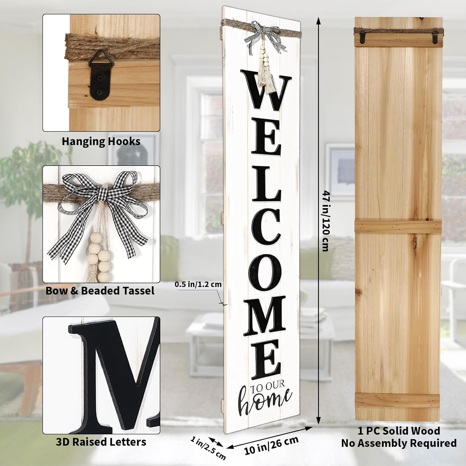 MODE HOME Solid Wood Farmhouse Welcome Sign for Front Porch, 47x10 Inch Large Farmhouse Style Rustic Welcome Sign Stand for Front Door or Entryway(Whitewashed)