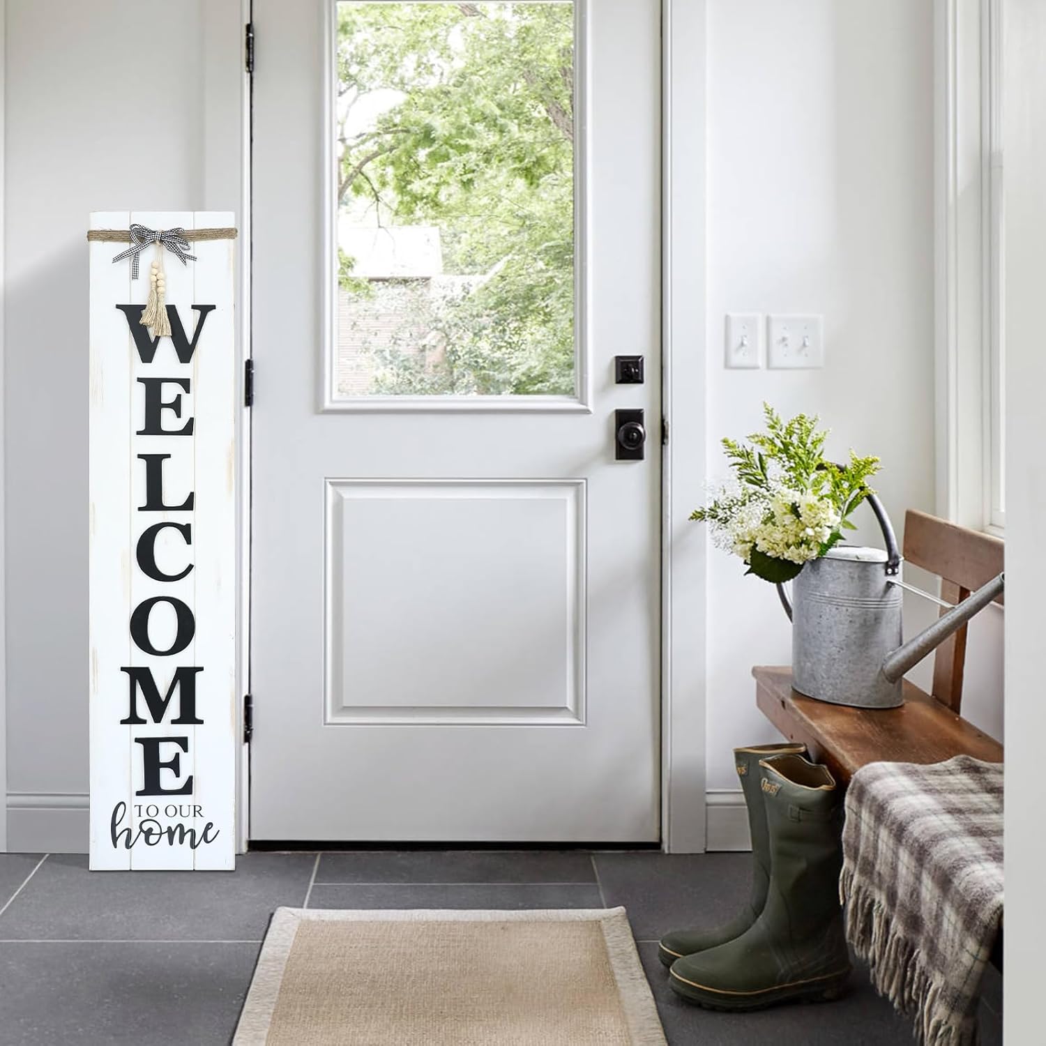 MODE HOME Solid Wood Farmhouse Welcome Sign for Front Porch, 47x10 Inch Large Farmhouse Style Rustic Welcome Sign Stand for Front Door or Entryway(Whitewashed)