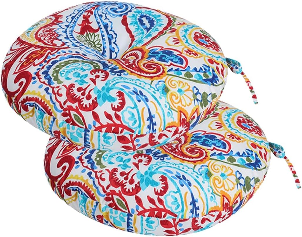 Bistro Chair Cushions 15 inch,Set of 2,Tufted Round Chair Cushions with Ties,15"x15"x4",Water Resistant Round Seat Cushion for Barstool Chairs,Patio Garden Kitchen Outdoor Furniture(Butterfly Flower)
