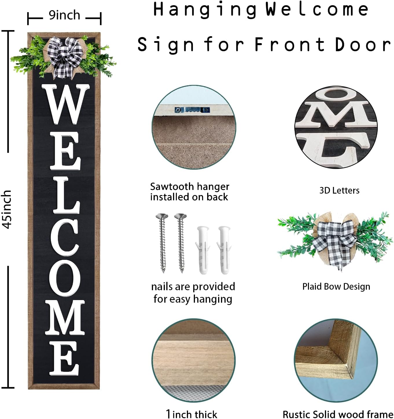 3D Outdoor Welcome Sign for Front Porch Standing 45"X9" Wood Frame Large Vertical Tall Leaner Welcome Signs Decor for Rustic Farmhouse Outside Home Front Door Decorations(Wood Black)