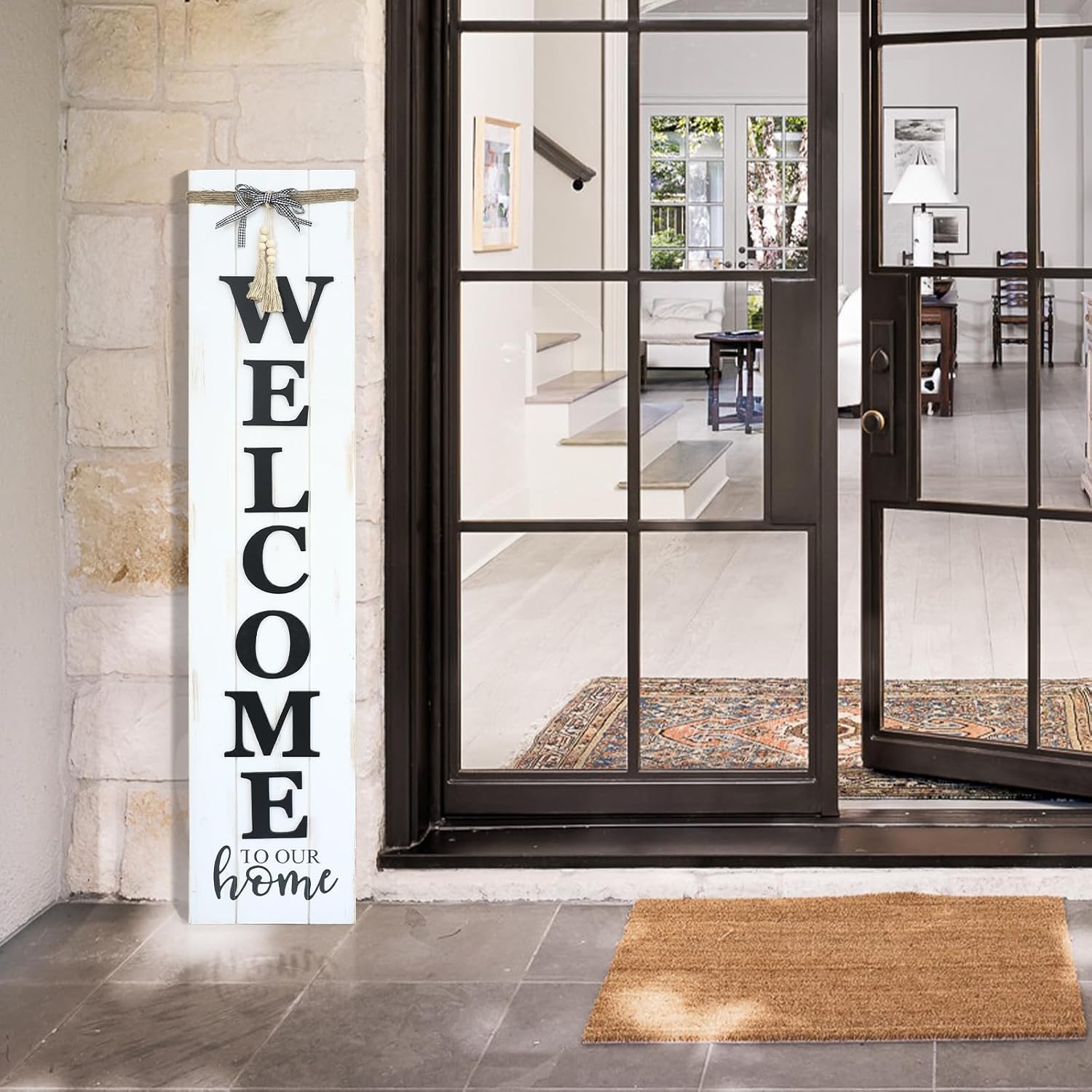 MODE HOME Solid Wood Farmhouse Welcome Sign for Front Porch, 47x10 Inch Large Farmhouse Style Rustic Welcome Sign Stand for Front Door or Entryway(Whitewashed)