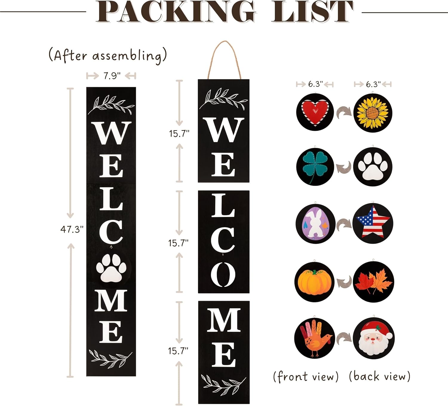 Perfnique Welcome sign for front porch standing, 47 x 7.9 Inch Wooden Leaner Sign with 10 Interchangeable Designed Icons, Seasonal Decor for Spring Easter Fall Christmas(Black)