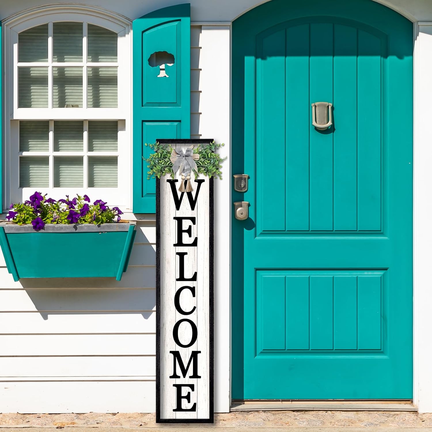 Outdoor Welcome Sign for Front Porch Standing 45"×9" Tall Wood Frame Vertical Leaner farmhouse Outside Rustic Large Welcome Sign for Front Door Home Decorations (Black)