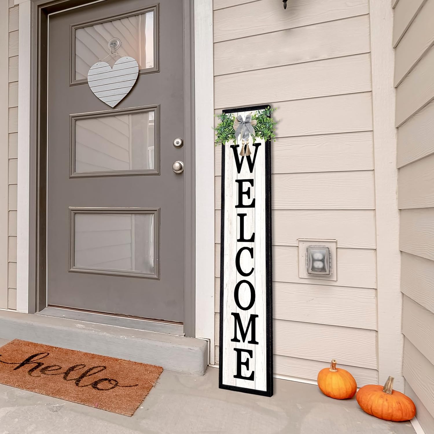 Outdoor Welcome Sign for Front Porch Standing 45"×9" Tall Wood Frame Vertical Leaner farmhouse Outside Rustic Large Welcome Sign for Front Door Home Decorations (Black)