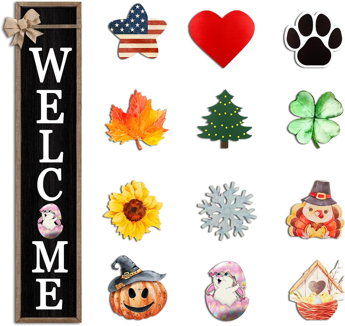 Surfapans Interchangeable Welcome Sign for Front Porch Standing 45"X9" Large with 12 Pcs Replaceable Icons Outdoor Decorations Frame Tall Vertical Outside Farmhouse Rustic Door Decor (Wood)
