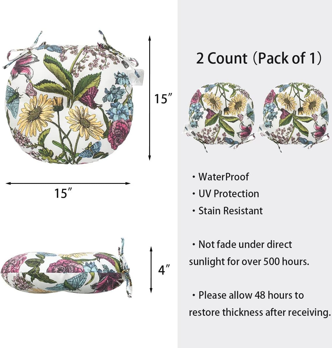 Bistro Chair Cushions 15 inch,Set of 2,Tufted Round Chair Cushions with Ties,15"x15"x4",Water Resistant Round Seat Cushion for Barstool Chairs,Patio Garden Kitchen Outdoor Furniture(Butterfly Flower)