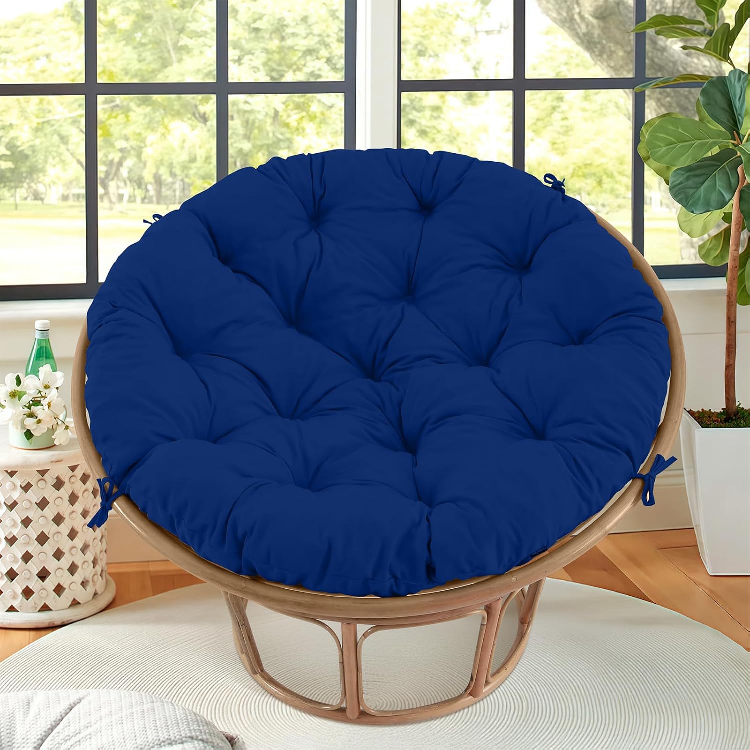Papasan Chair Cushion Outdoor, Round Papasan Cushion Indoor with Ties, Waterproof Circle Seat Pad for Porch Patio Garden, 45 in Navy, Cushion Only