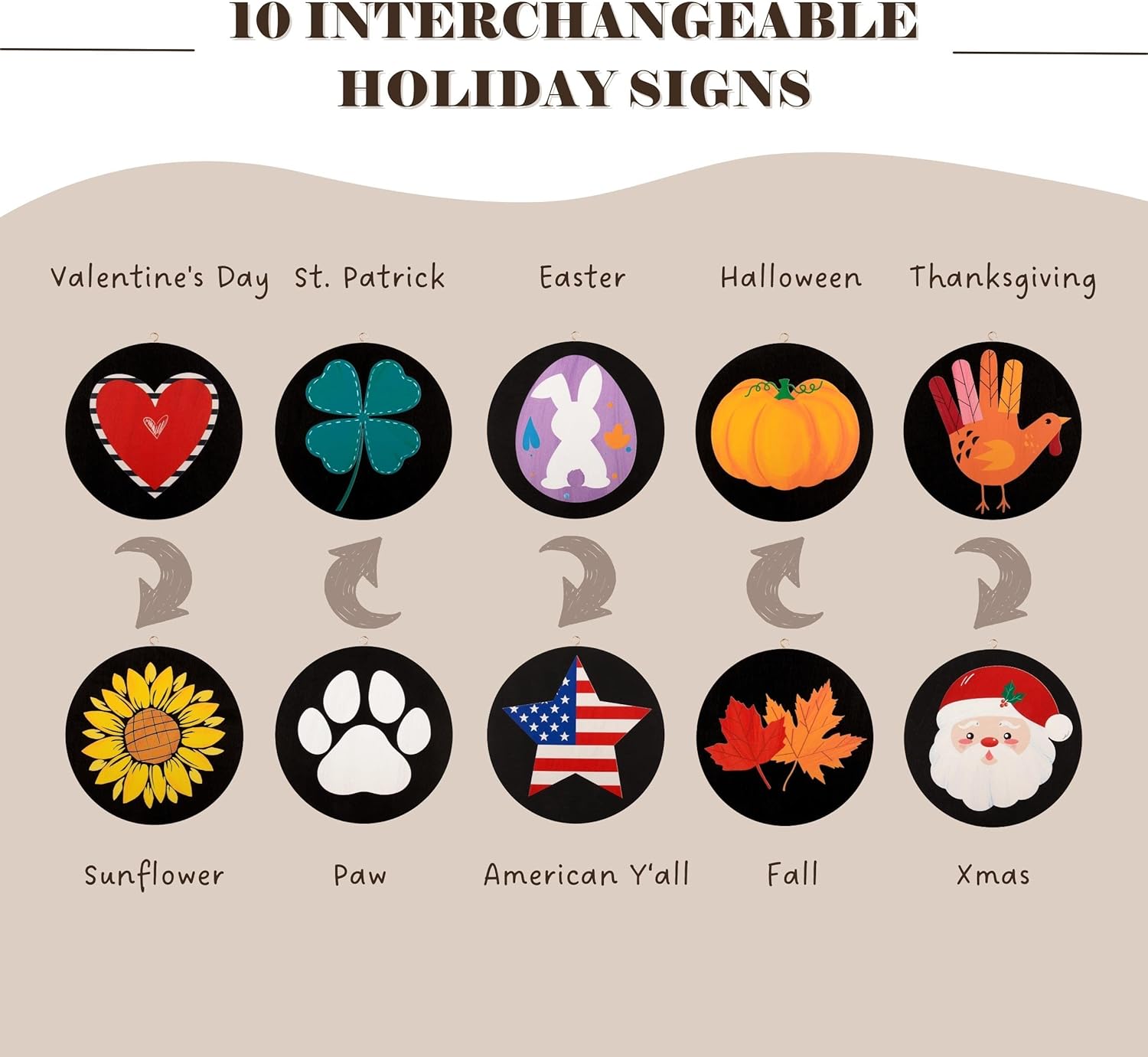 Perfnique Welcome sign for front porch standing, 47 x 7.9 Inch Wooden Leaner Sign with 10 Interchangeable Designed Icons, Seasonal Decor for Spring Easter Fall Christmas(Black)