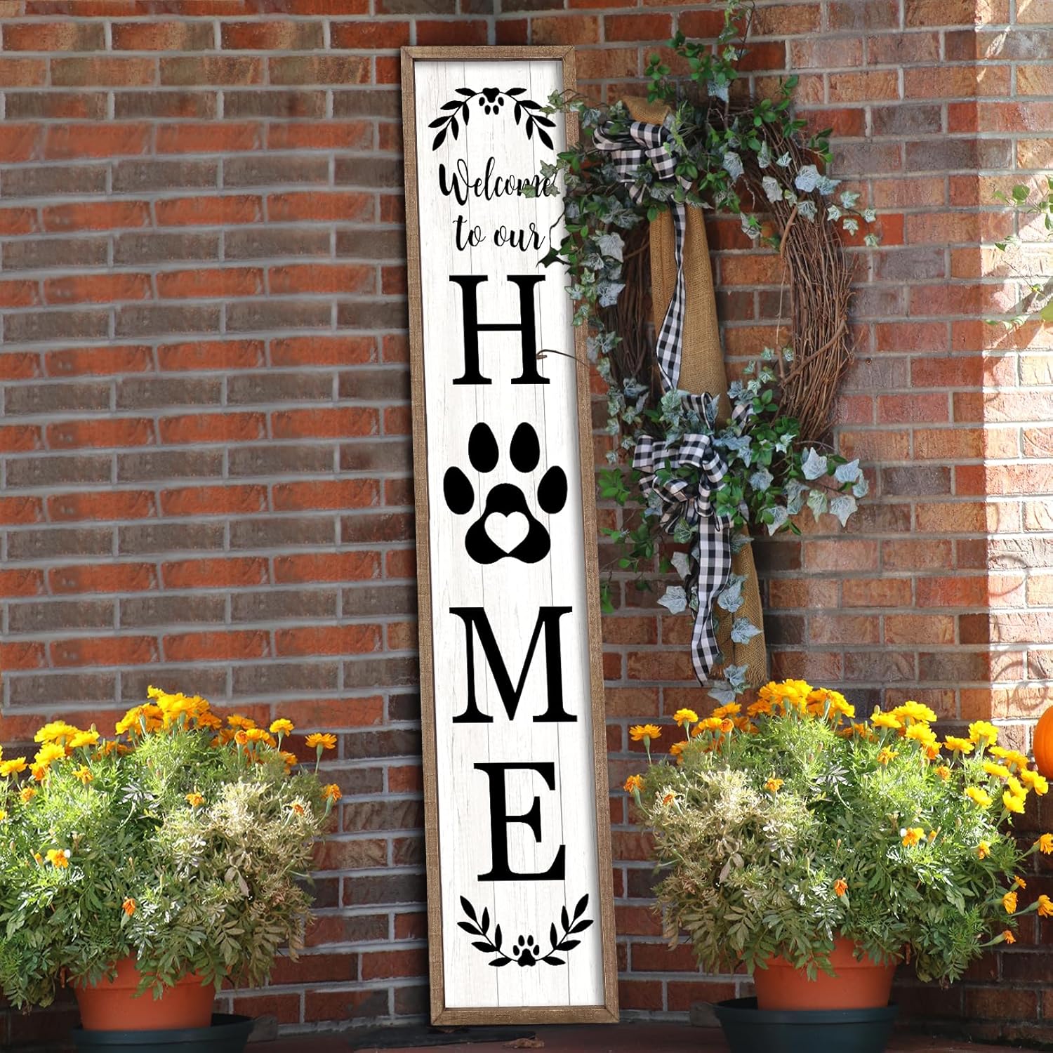 Outdoor Welcome Sign for Front Porch Standing 45"×9" Tall Wood Frame Vertical Leaner farmhouse Outside Rustic Large Welcome Sign for Front Door Home Decorations (Black)
