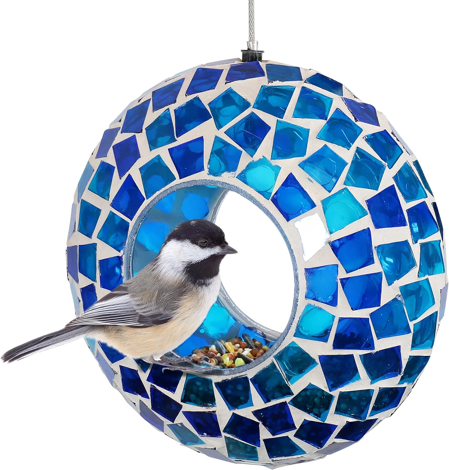 Sunnydaze 10-Inch Glass Mosaic Hanging Bird Feeder for Outdoors - Fly-Through Wild Bird Feeder - Indigo Flower Mosaic