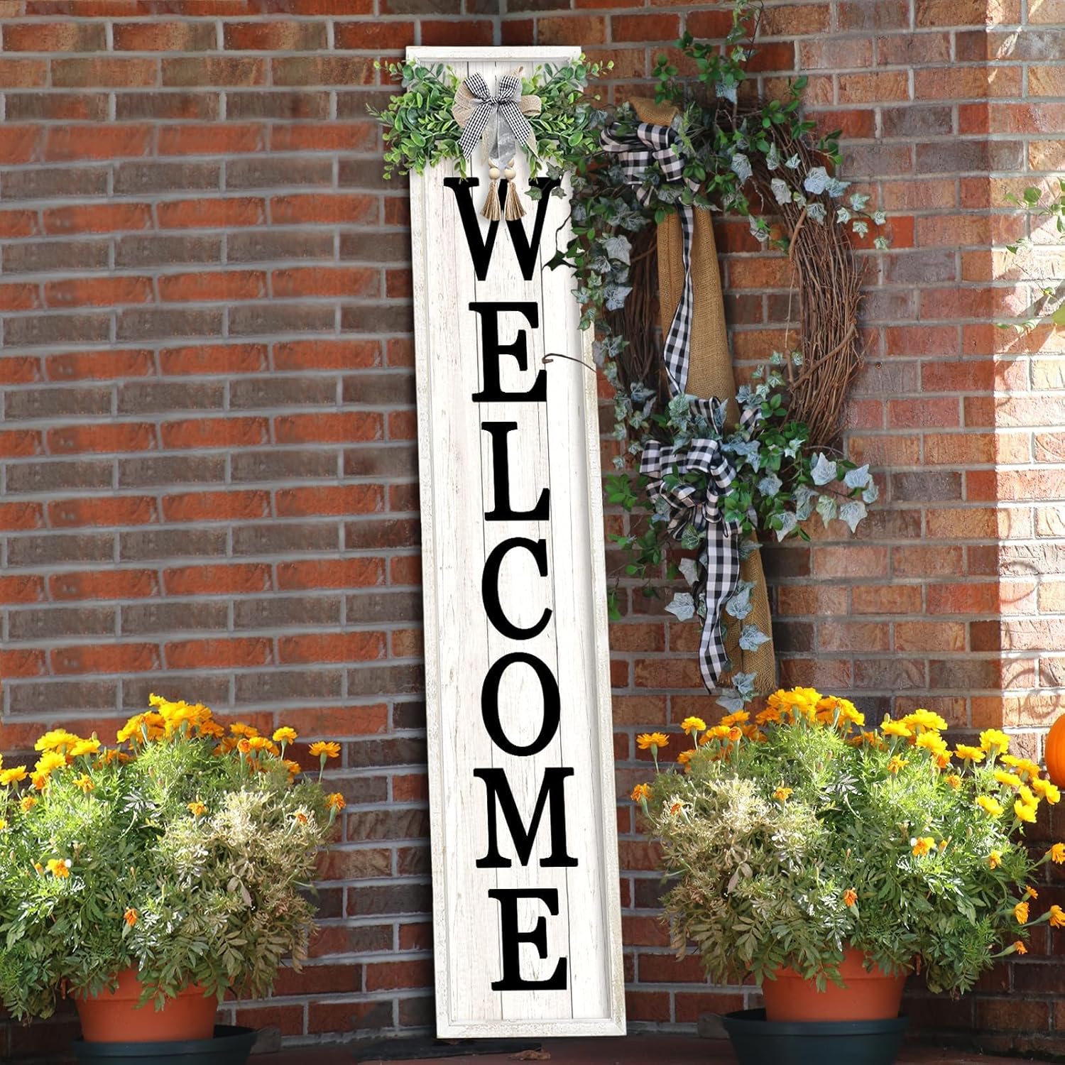 Outdoor Welcome Sign for Front Porch Standing 45"×9" Tall Wood Frame Vertical Leaner farmhouse Outside Rustic Large Welcome Sign for Front Door Home Decorations (Black)