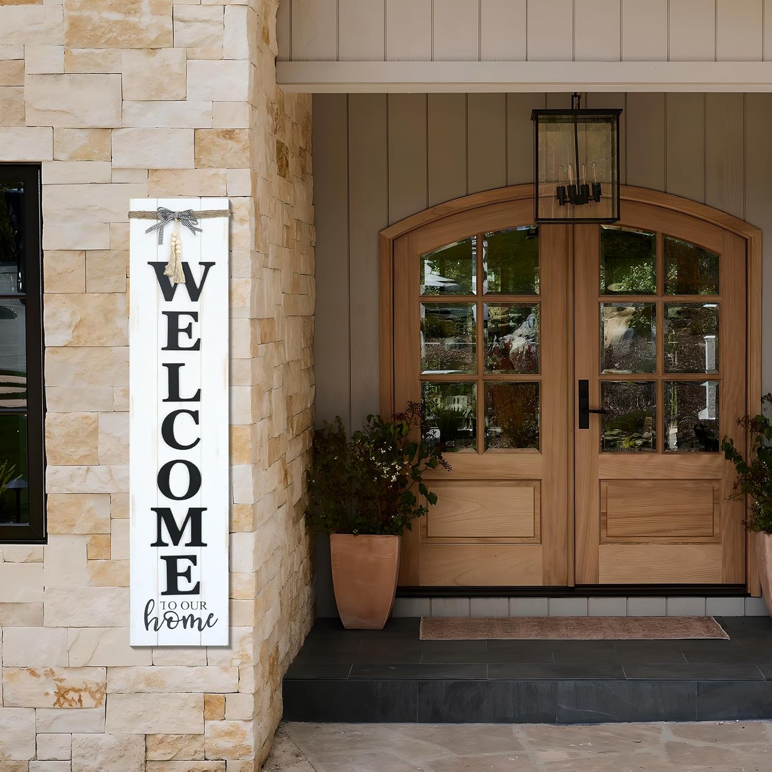 MODE HOME Solid Wood Farmhouse Welcome Sign for Front Porch, 47x10 Inch Large Farmhouse Style Rustic Welcome Sign Stand for Front Door or Entryway(Whitewashed)