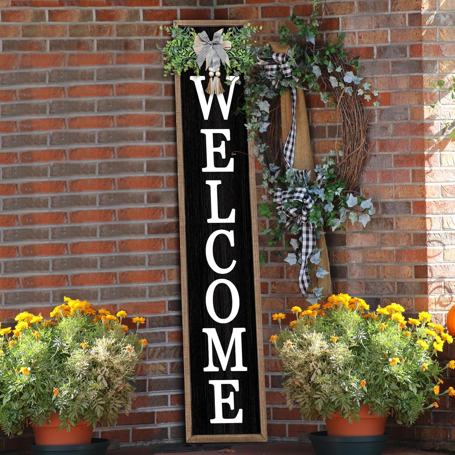 Outdoor Welcome Sign for Front Porch Standing 45"×9" Tall Wood Frame Vertical Leaner farmhouse Outside Rustic Large Welcome Sign for Front Door Home Decorations (Black)