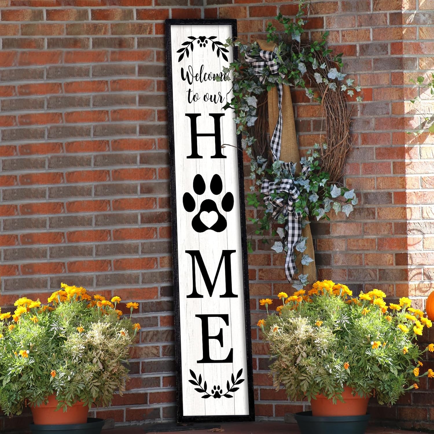 Outdoor Welcome Sign for Front Porch Standing 45"×9" Tall Wood Frame Vertical Leaner farmhouse Outside Rustic Large Welcome Sign for Front Door Home Decorations (Black)