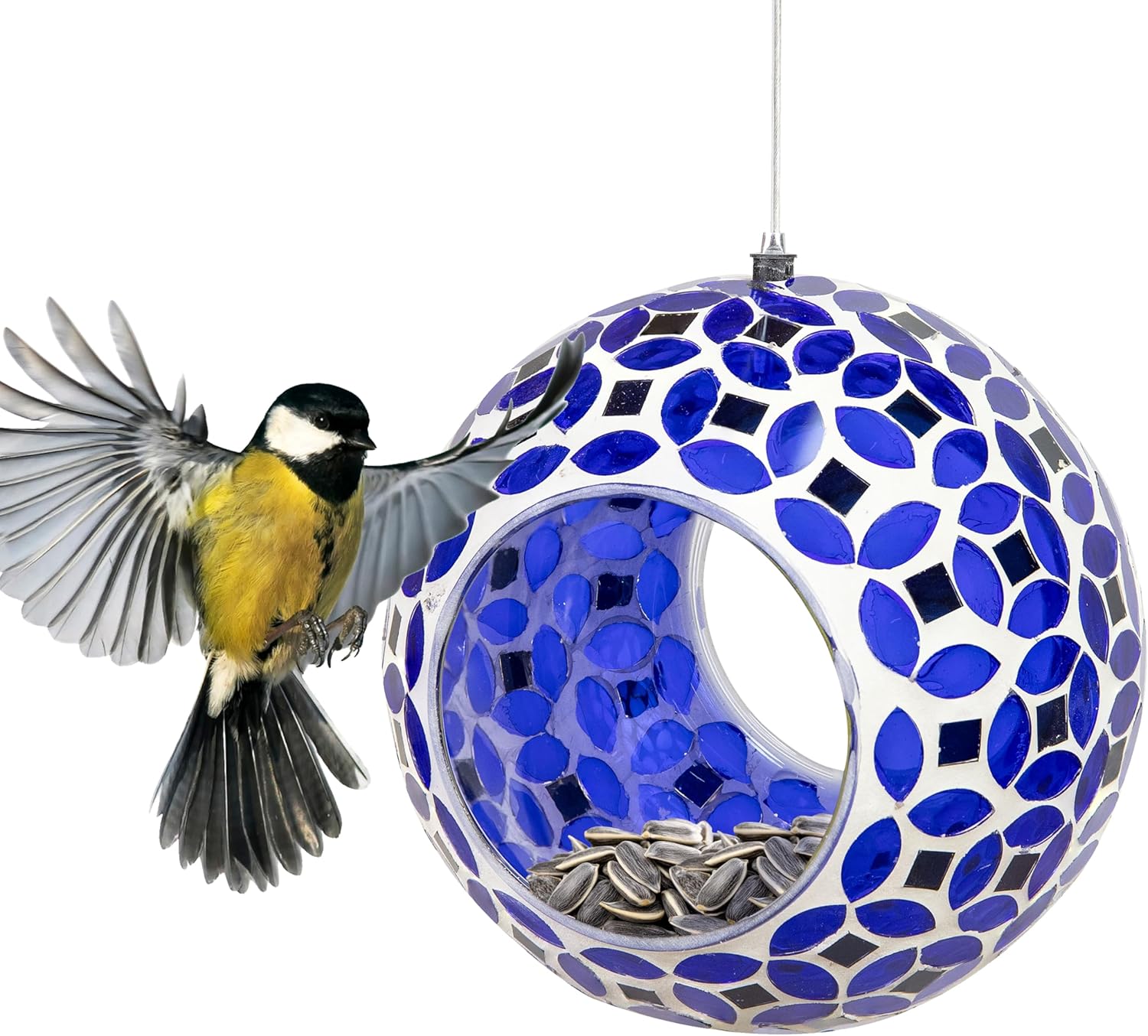 Sunnydaze 10-Inch Glass Mosaic Hanging Bird Feeder for Outdoors - Fly-Through Wild Bird Feeder - Indigo Flower Mosaic