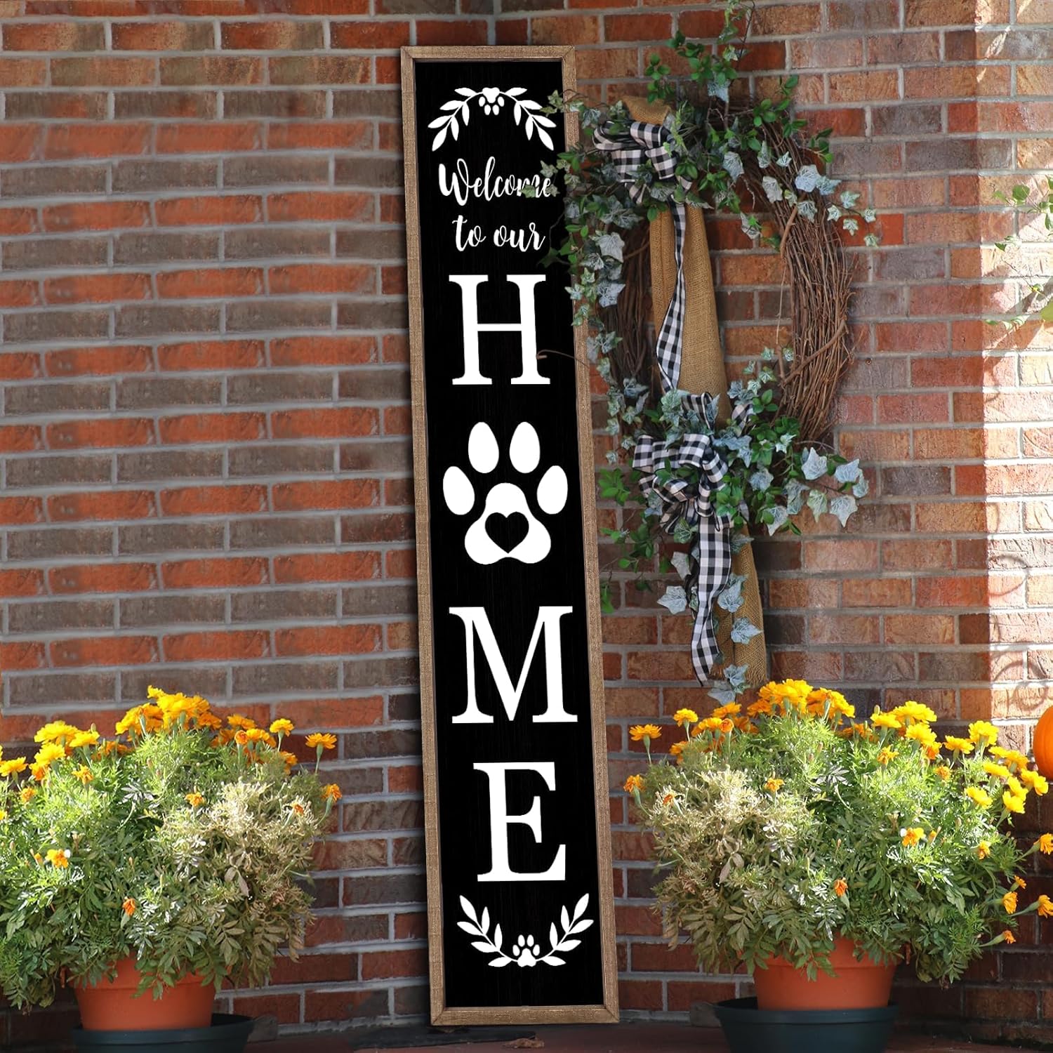 Outdoor Welcome Sign for Front Porch Standing 45"×9" Tall Wood Frame Vertical Leaner farmhouse Outside Rustic Large Welcome Sign for Front Door Home Decorations (Black)