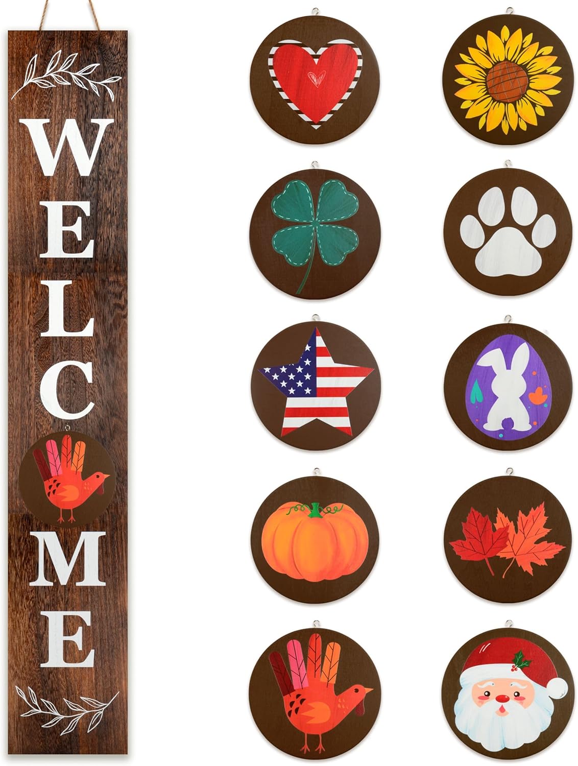 Perfnique Welcome sign for front porch standing, 47 x 7.9 Inch Wooden Leaner Sign with 10 Interchangeable Designed Icons, Seasonal Decor for Spring Easter Fall Christmas(Black)