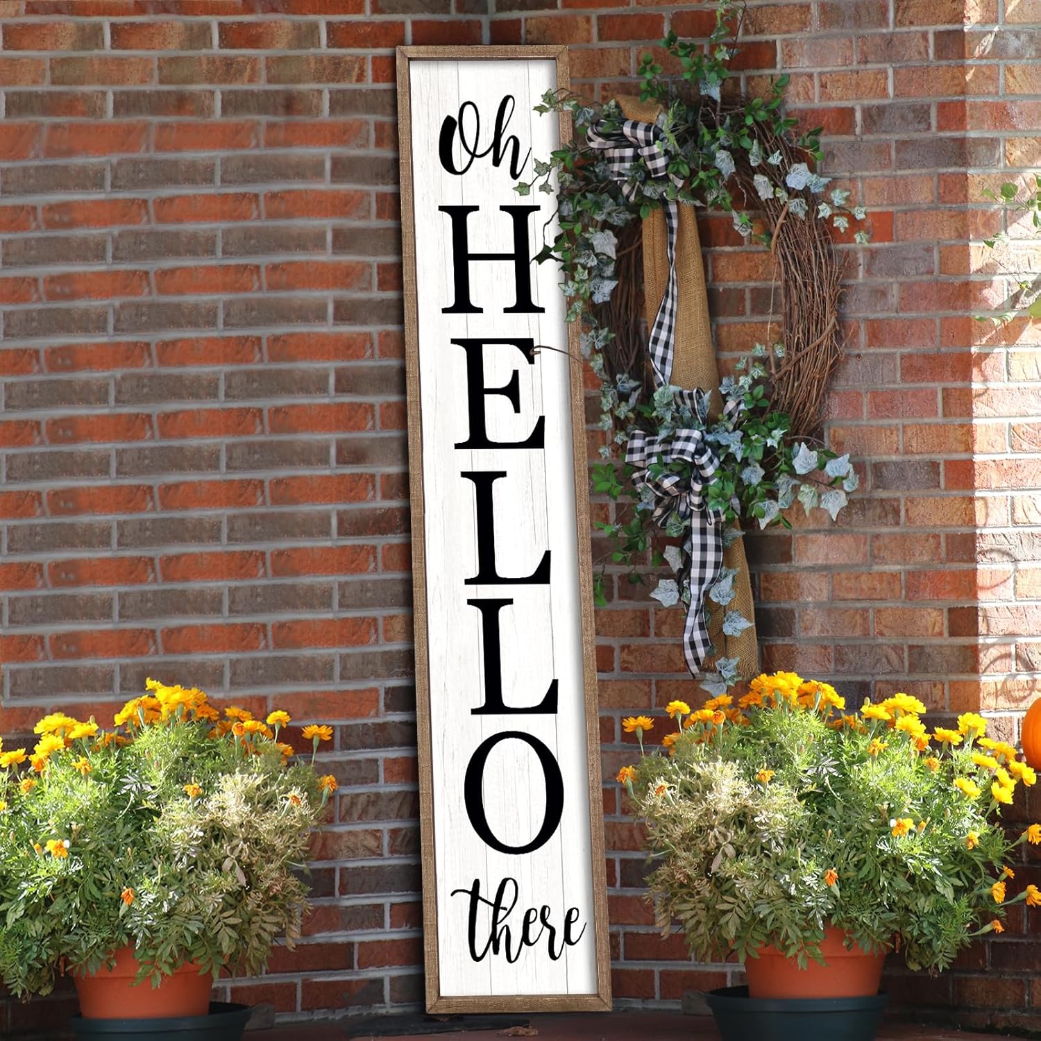Interchangeable Outdoor Welcome Sign for Front Porch Standing 47"×8" Set of 3 Large Wood Frame with 12 Pcs Icons Vertical Tall Leaner Outside Welcome Sign for Front Door Decor (Wood)