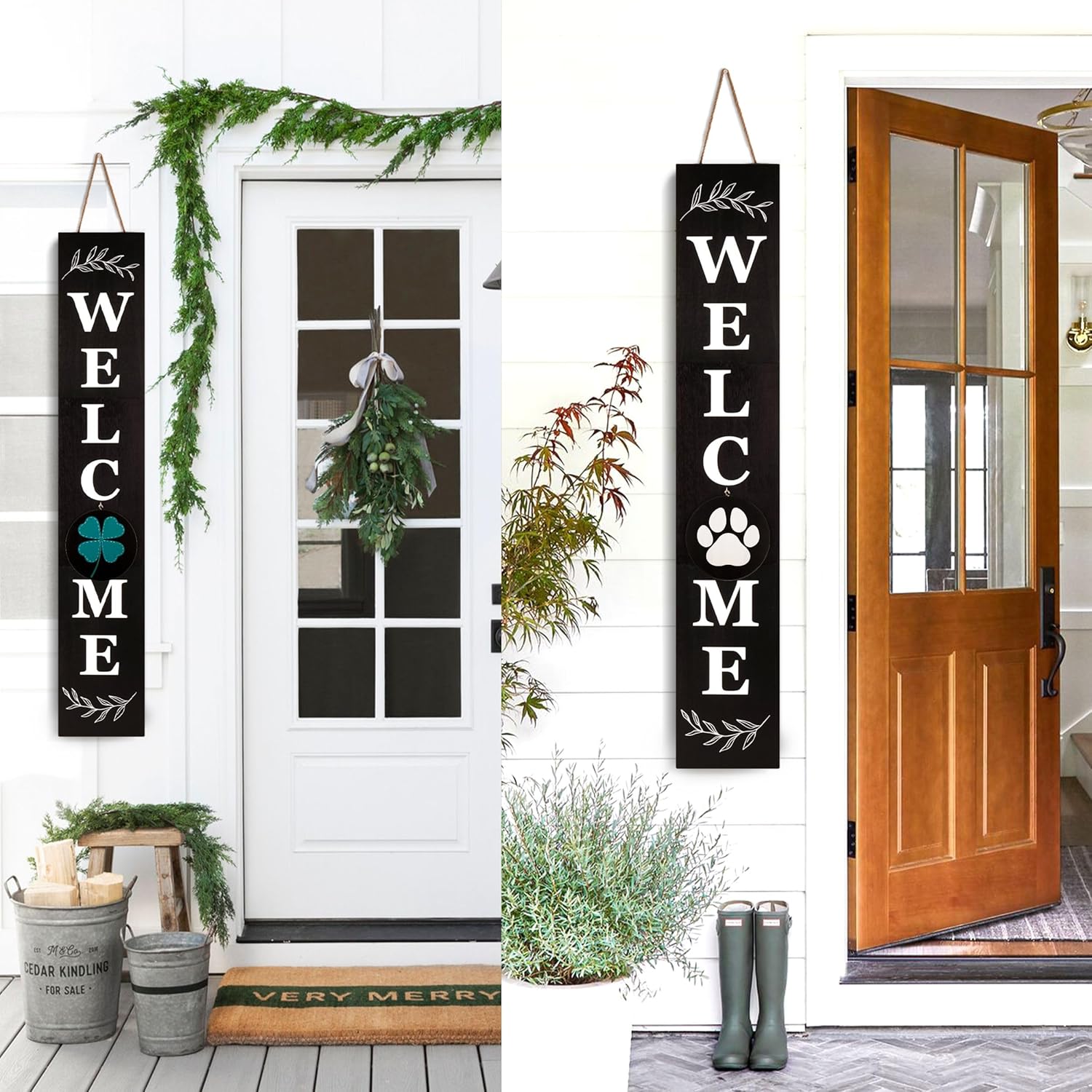 Perfnique Welcome sign for front porch standing, 47 x 7.9 Inch Wooden Leaner Sign with 10 Interchangeable Designed Icons, Seasonal Decor for Spring Easter Fall Christmas(Black)