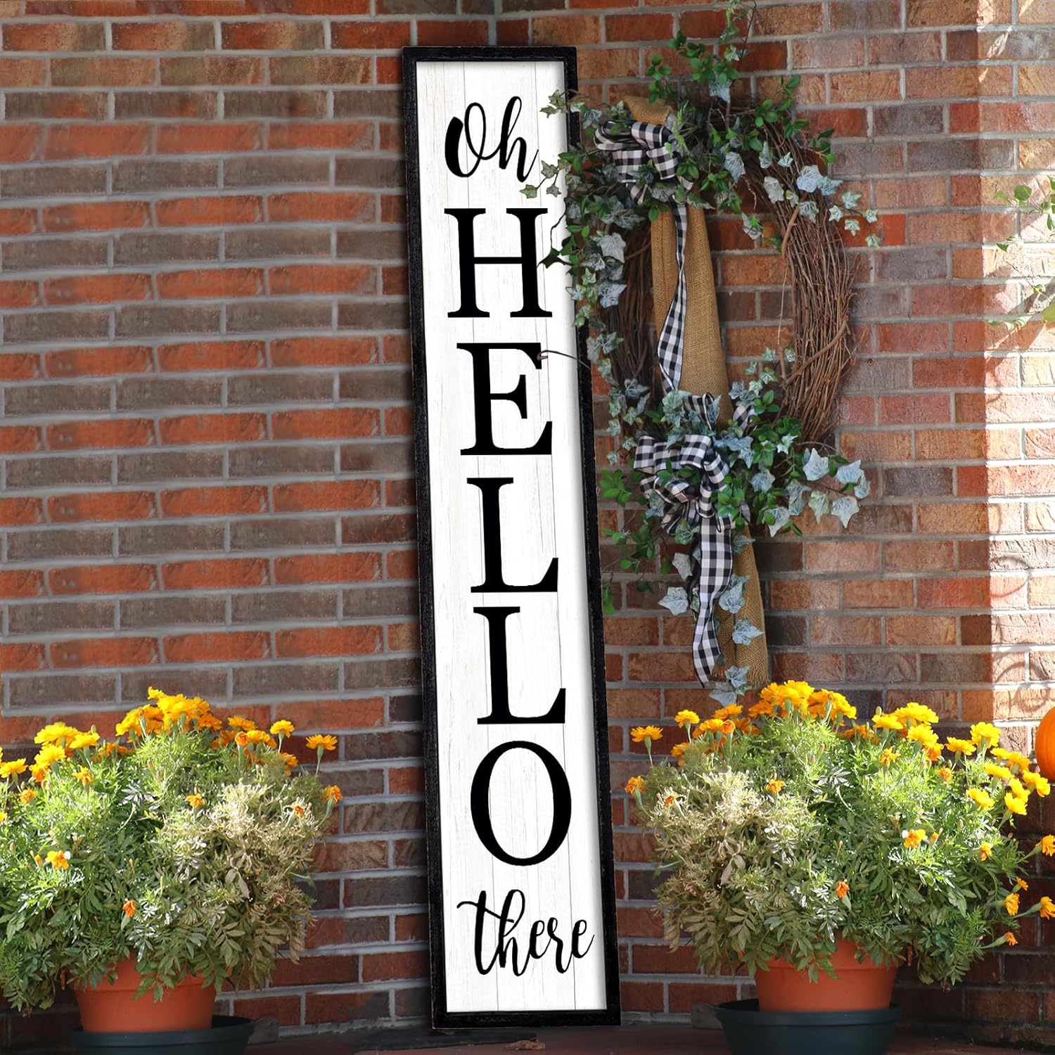 Interchangeable Outdoor Welcome Sign for Front Porch Standing 47"×8" Set of 3 Large Wood Frame with 12 Pcs Icons Vertical Tall Leaner Outside Welcome Sign for Front Door Decor (Wood)