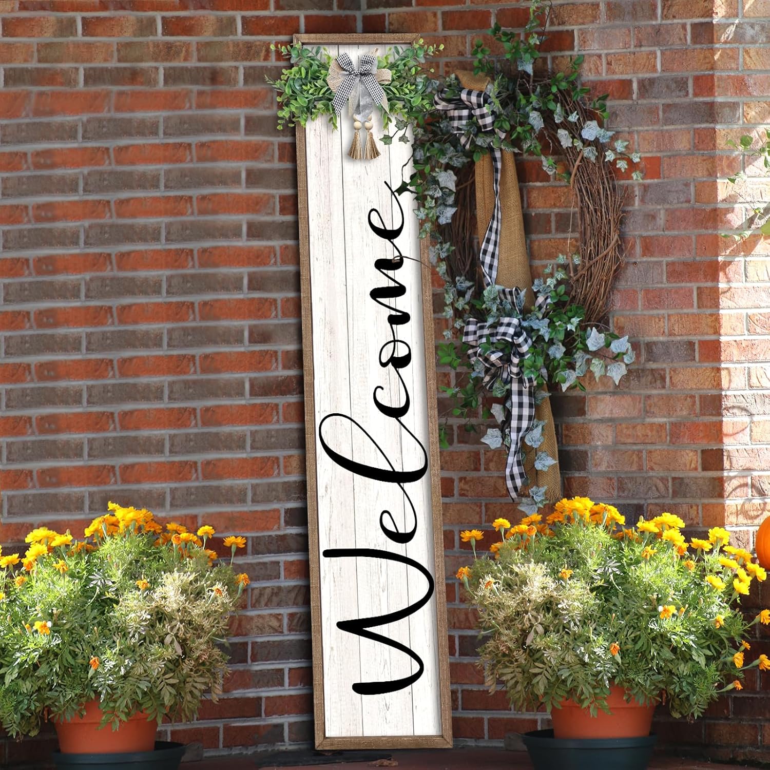 Outdoor Welcome Sign for Front Porch Standing 45"×9" Tall Wood Frame Vertical Leaner farmhouse Outside Rustic Large Welcome Sign for Front Door Home Decorations (Black)