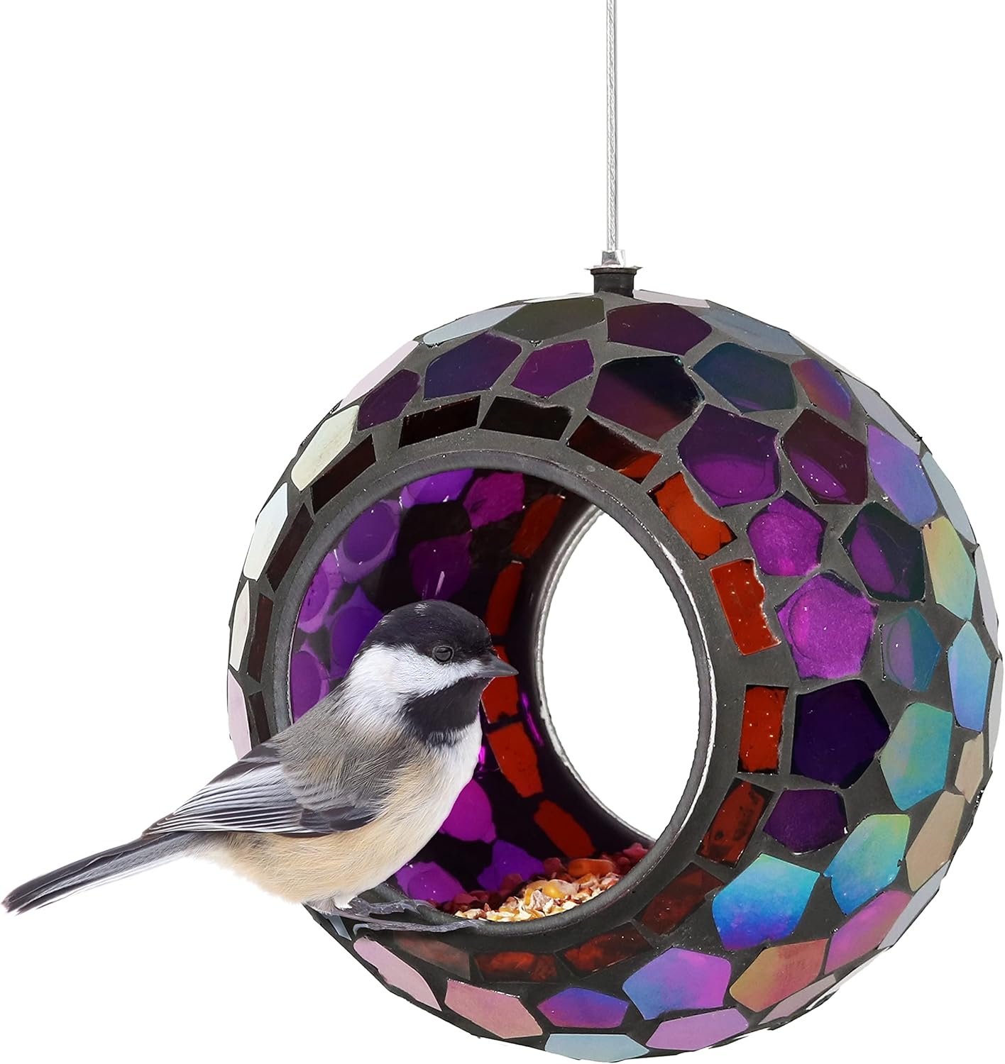 Sunnydaze 10-Inch Glass Mosaic Hanging Bird Feeder for Outdoors - Fly-Through Wild Bird Feeder - Indigo Flower Mosaic
