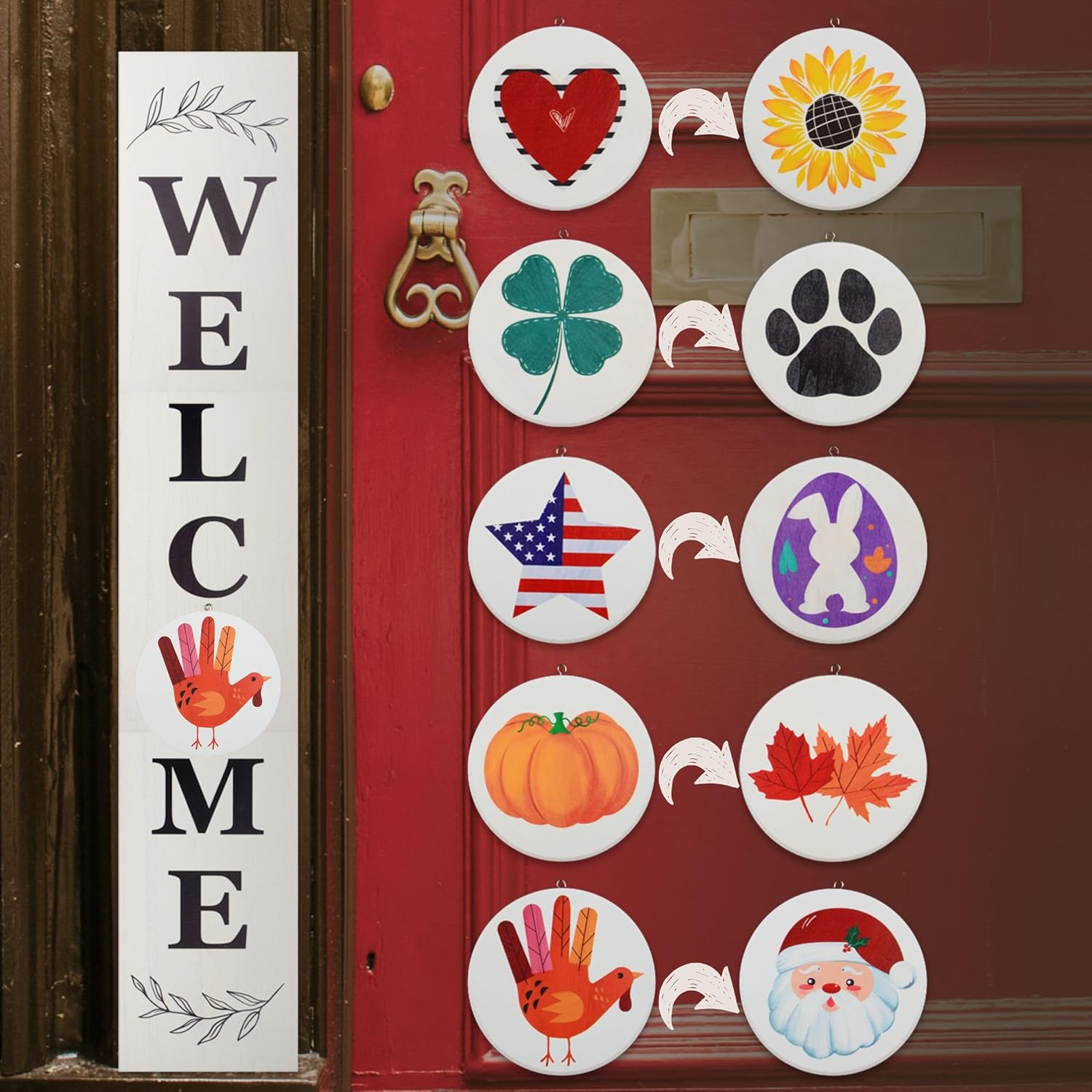 Perfnique Welcome sign for front porch standing, 47 x 7.9 Inch Wooden Leaner Sign with 10 Interchangeable Designed Icons, Seasonal Decor for Spring Easter Fall Christmas(Black)
