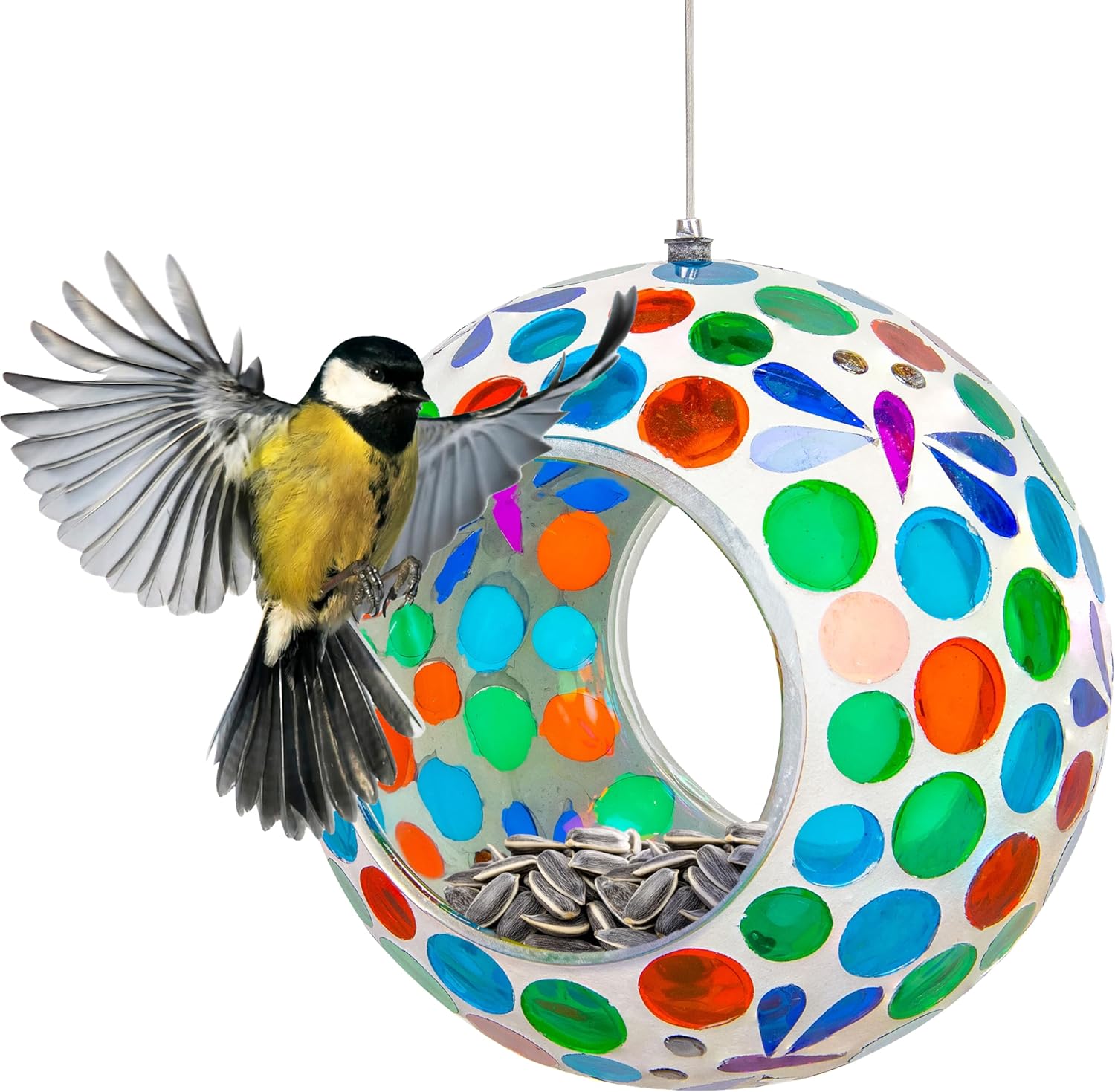 Sunnydaze 10-Inch Glass Mosaic Hanging Bird Feeder for Outdoors - Fly-Through Wild Bird Feeder - Indigo Flower Mosaic