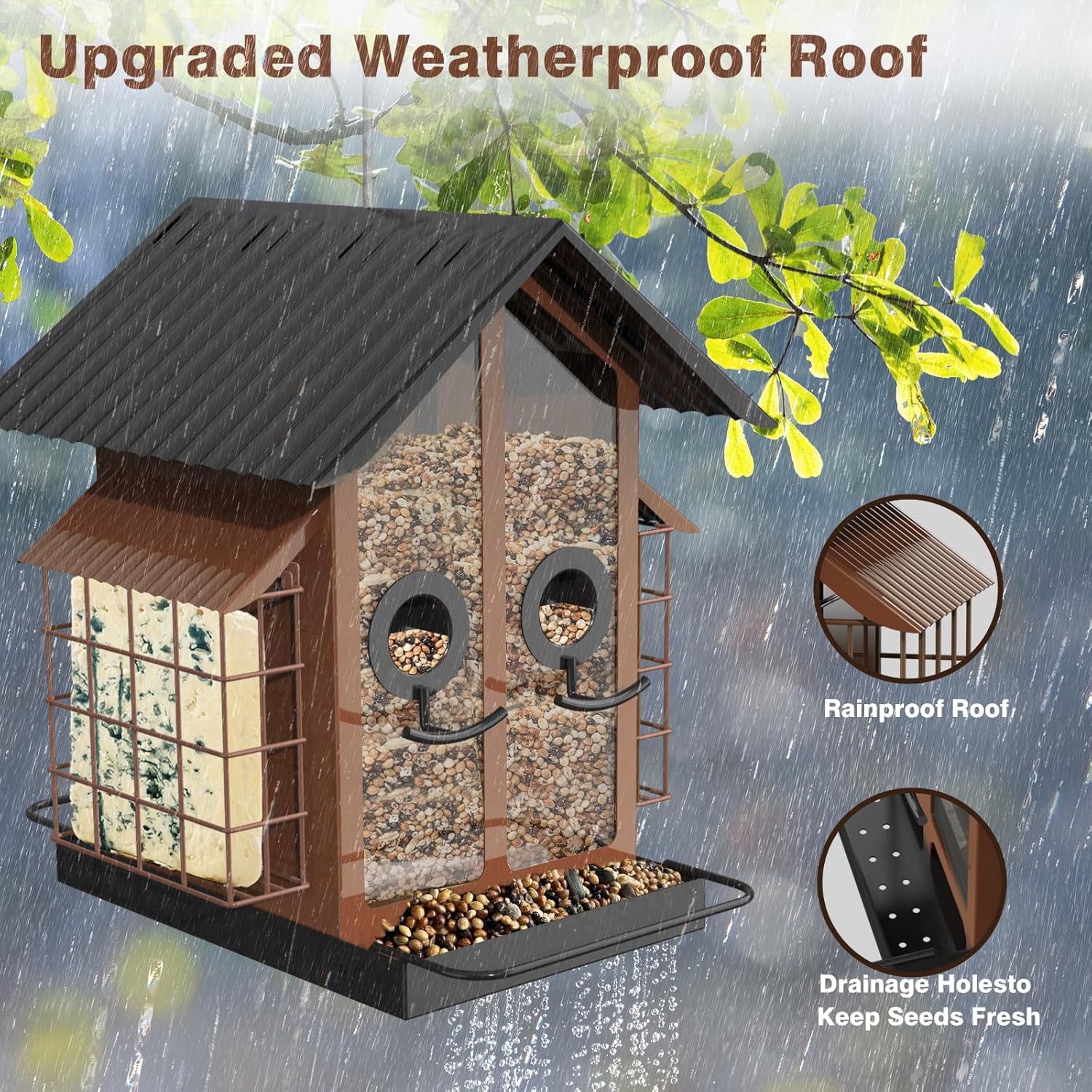 Bird Feeders for Outdoors, Metal Bird Feeder with Double Suet Cage Weatherproof Metal Roof, 2 in 1 Mixed Seeds Suet Feeder, 4Lbs Large Capacity, Great for Finch、Cardinal、Chickadee(Brown)