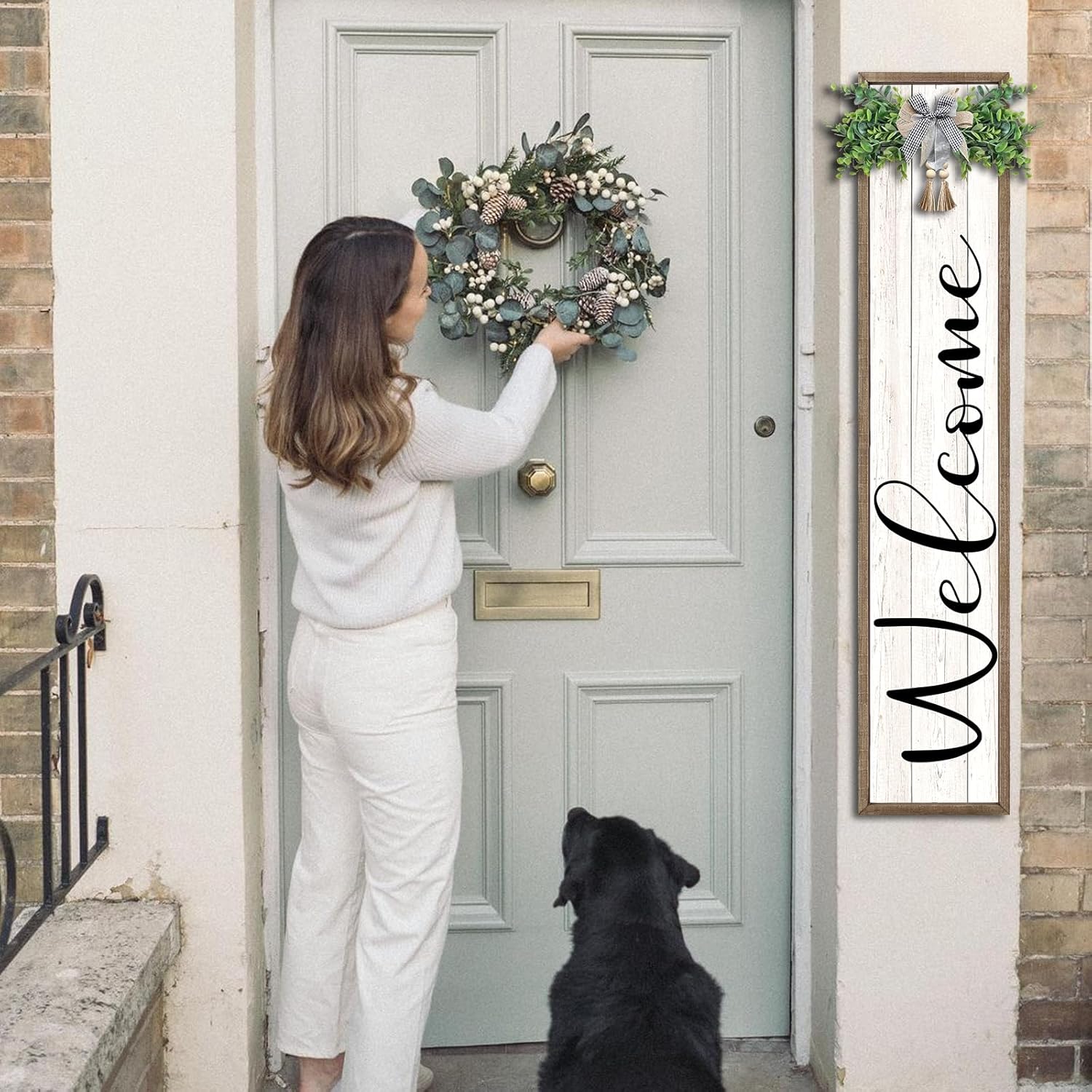 Welcome Sign for Front Porch Standing 45"X9" Large Outdoor Decor Rustic Vertical Leaner Wood Frame Porch Tall Welcome Signs for Farmhouse Outside Front Door Decorations (Wood White)