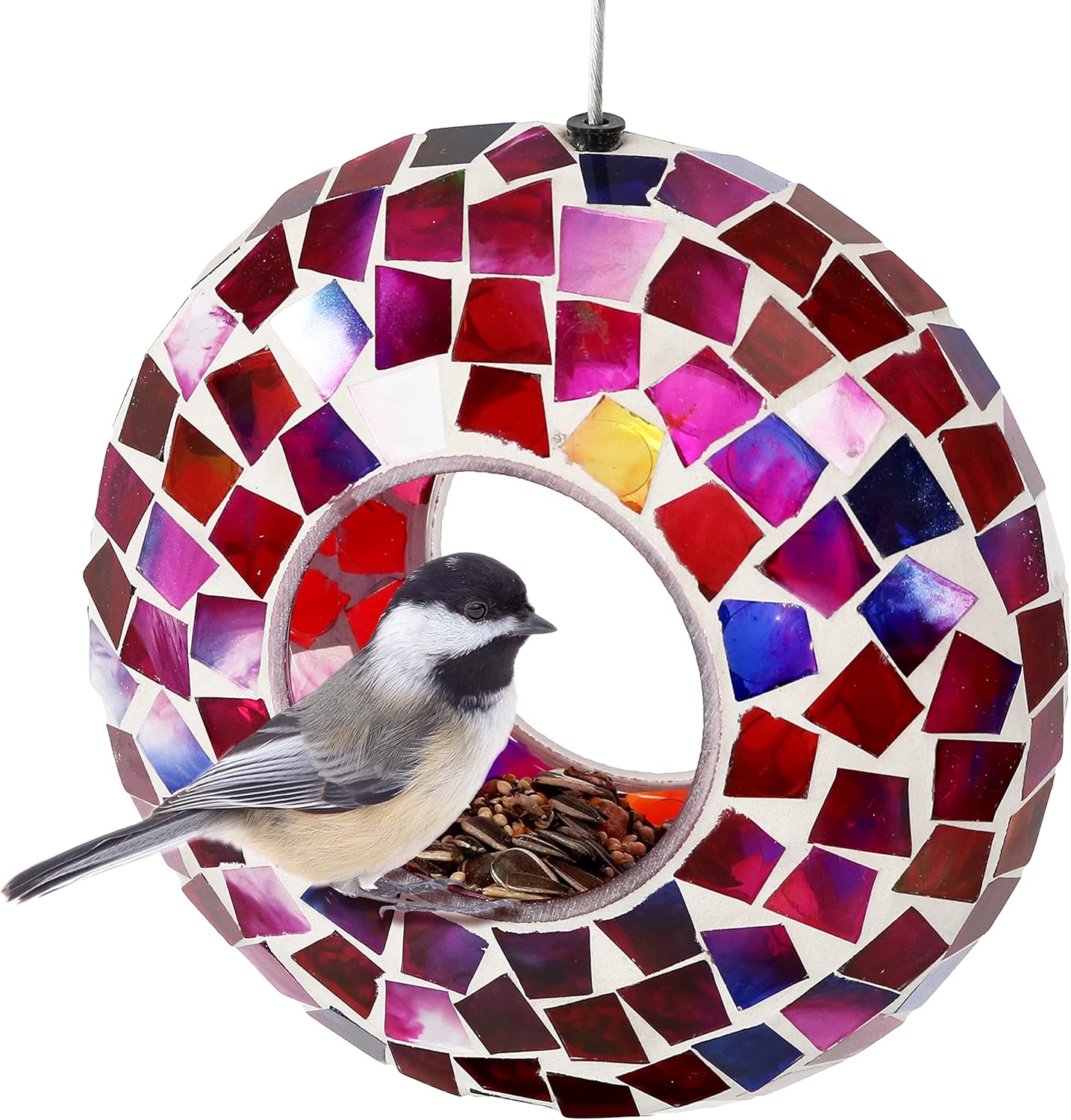 Sunnydaze 10-Inch Glass Mosaic Hanging Bird Feeder for Outdoors - Fly-Through Wild Bird Feeder - Indigo Flower Mosaic