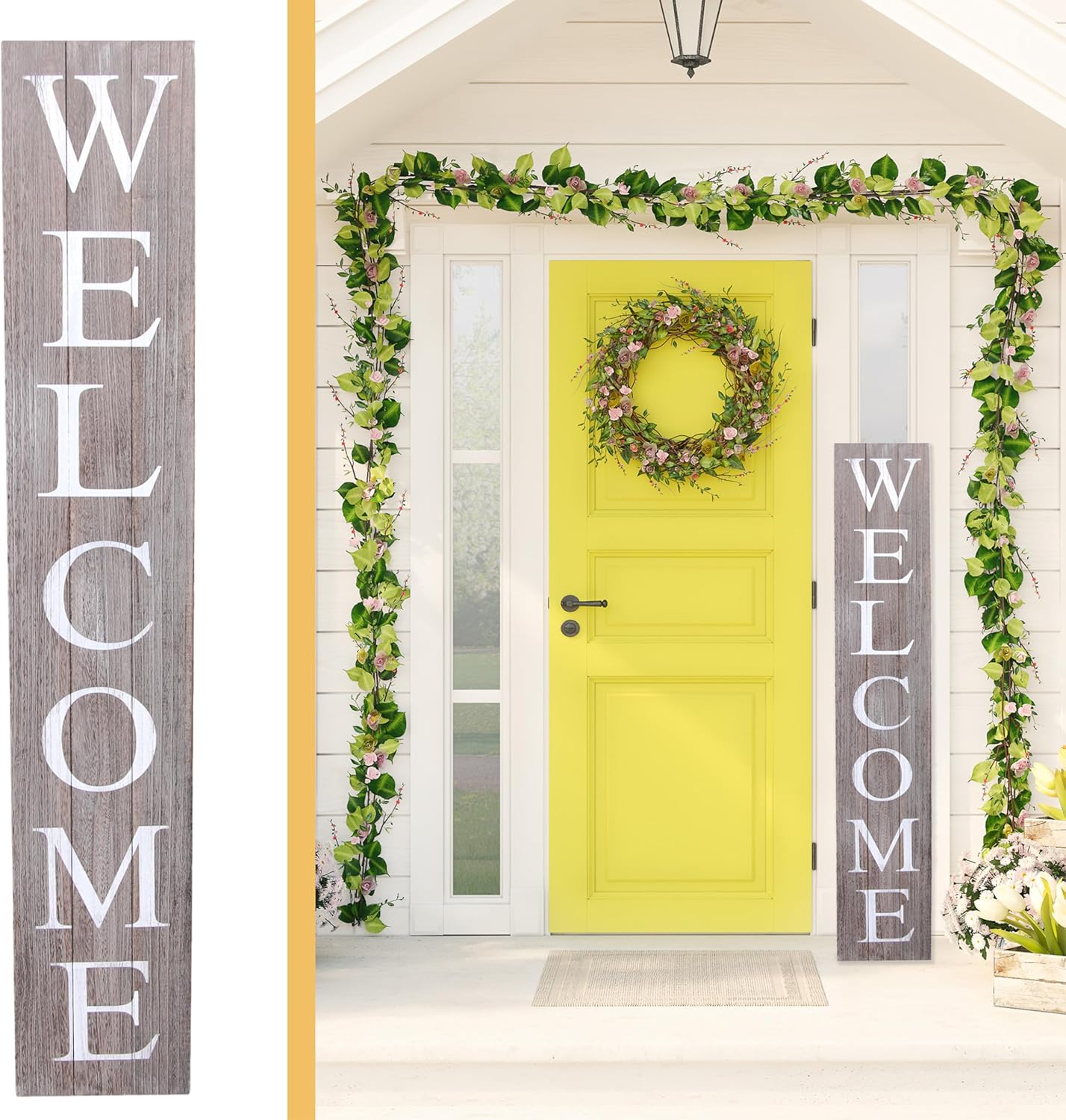 ALBEN Premium Extra Large Welcome Sign for Front Door Porch – 5 Feet Tall (58" x 11") Standing Vertical Wooden Sign, Indoor Home Decor Wall Decorations (Brown)