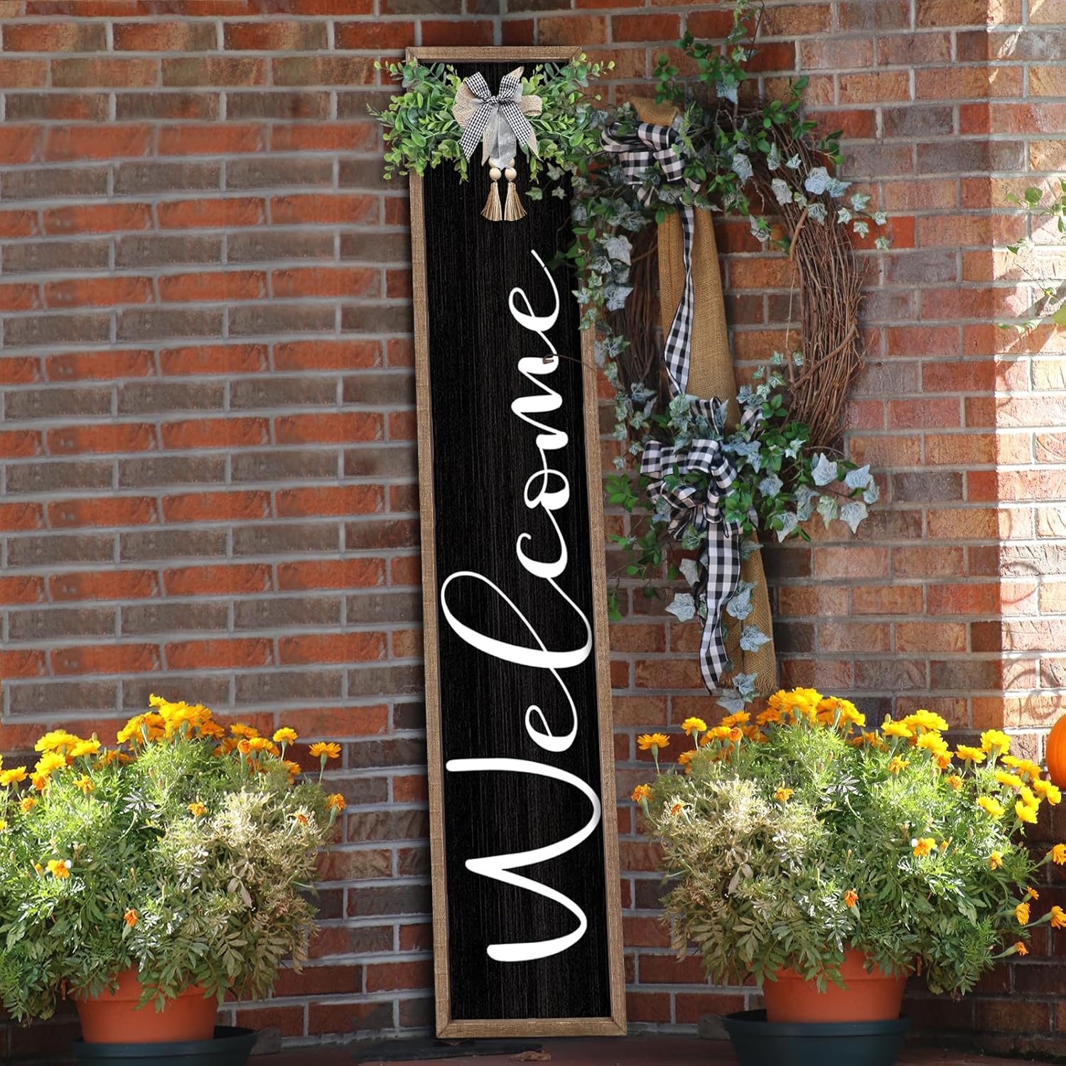 Outdoor Welcome Sign for Front Porch Standing 45"×9" Tall Wood Frame Vertical Leaner farmhouse Outside Rustic Large Welcome Sign for Front Door Home Decorations (Black)
