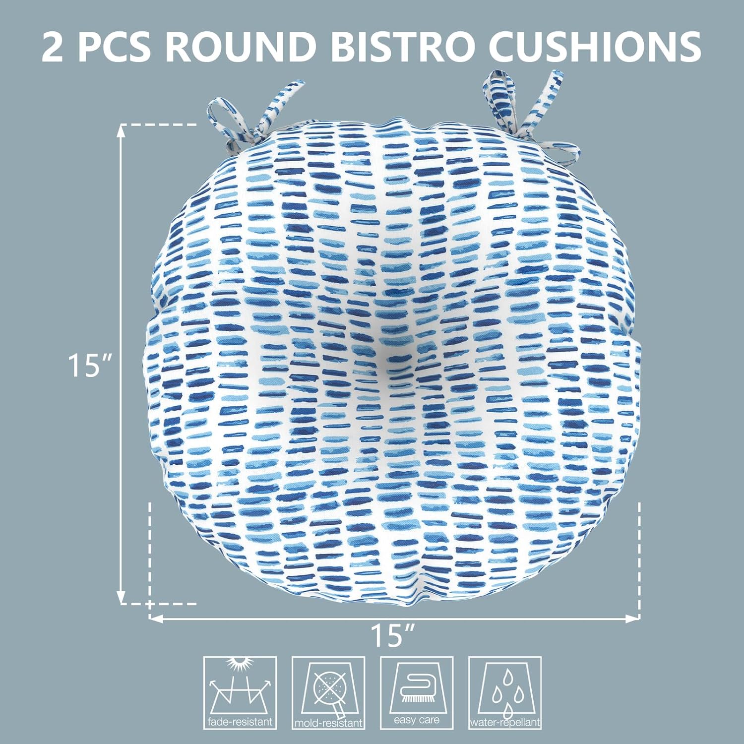 LVTXIII Outdoor Seat Cushions Patio Chair Pads with Ties, Round Bistro Chair Cushions for Home Office and Patio Garden Furniture Decoration 15"x15"x4", Set of 2, Pebble Blue