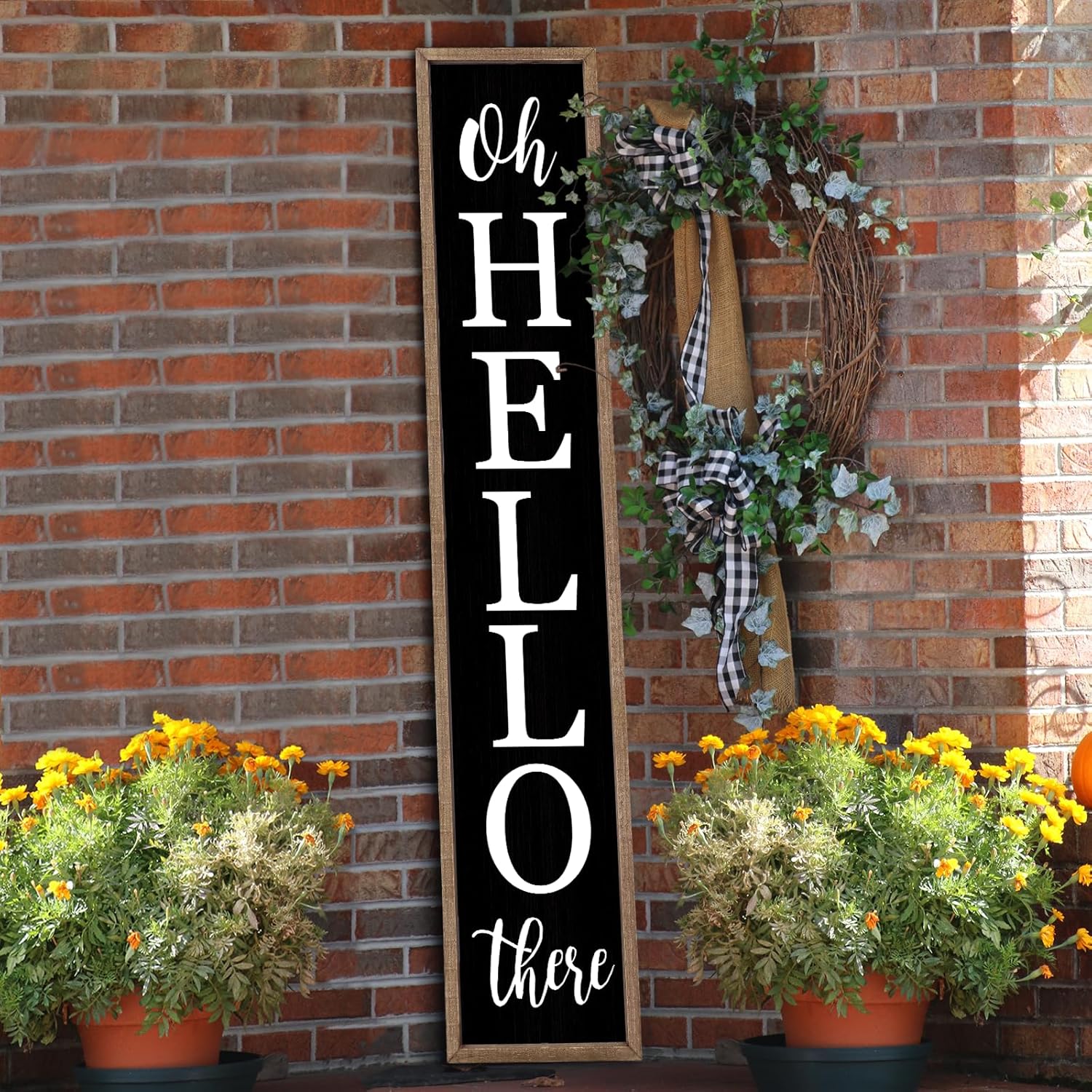 Interchangeable Outdoor Welcome Sign for Front Porch Standing 47"×8" Set of 3 Large Wood Frame with 12 Pcs Icons Vertical Tall Leaner Outside Welcome Sign for Front Door Decor (Wood)