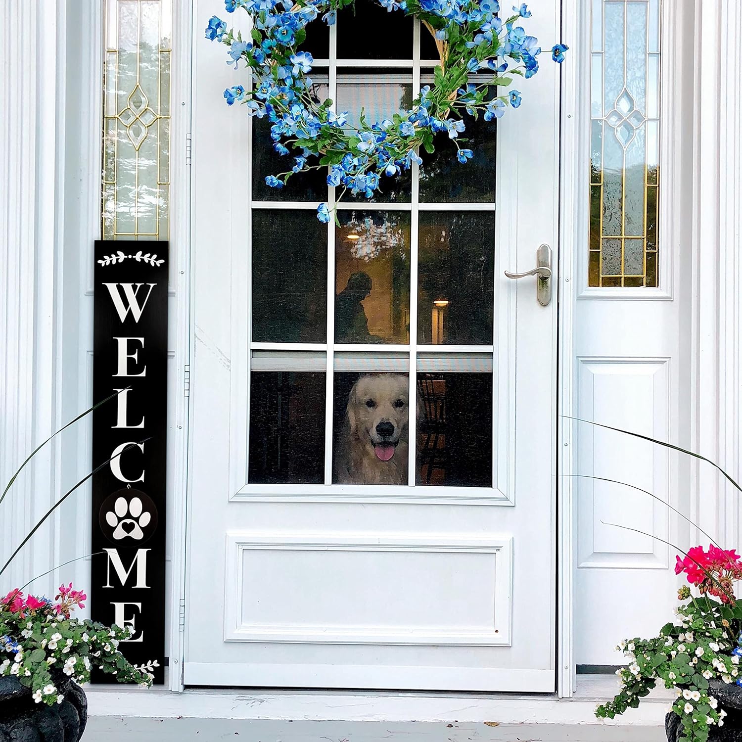 Welcome Sign for Front Porch Standing, Interchangeable Wooden Sign with 5 Designed Double-Sided Icons for Front Door, All Seasonal Farmhouse Rustic Modern Porch Decor for Fall Harvest
