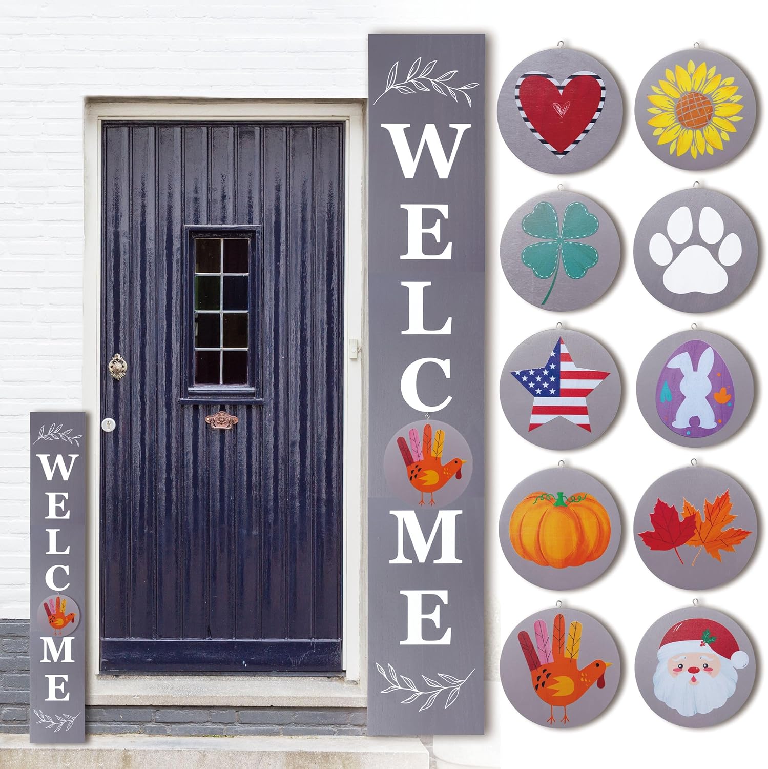 Perfnique Welcome sign for front porch standing, 47 x 7.9 Inch Wooden Leaner Sign with 10 Interchangeable Designed Icons, Seasonal Decor for Spring Easter Fall Christmas(Black)