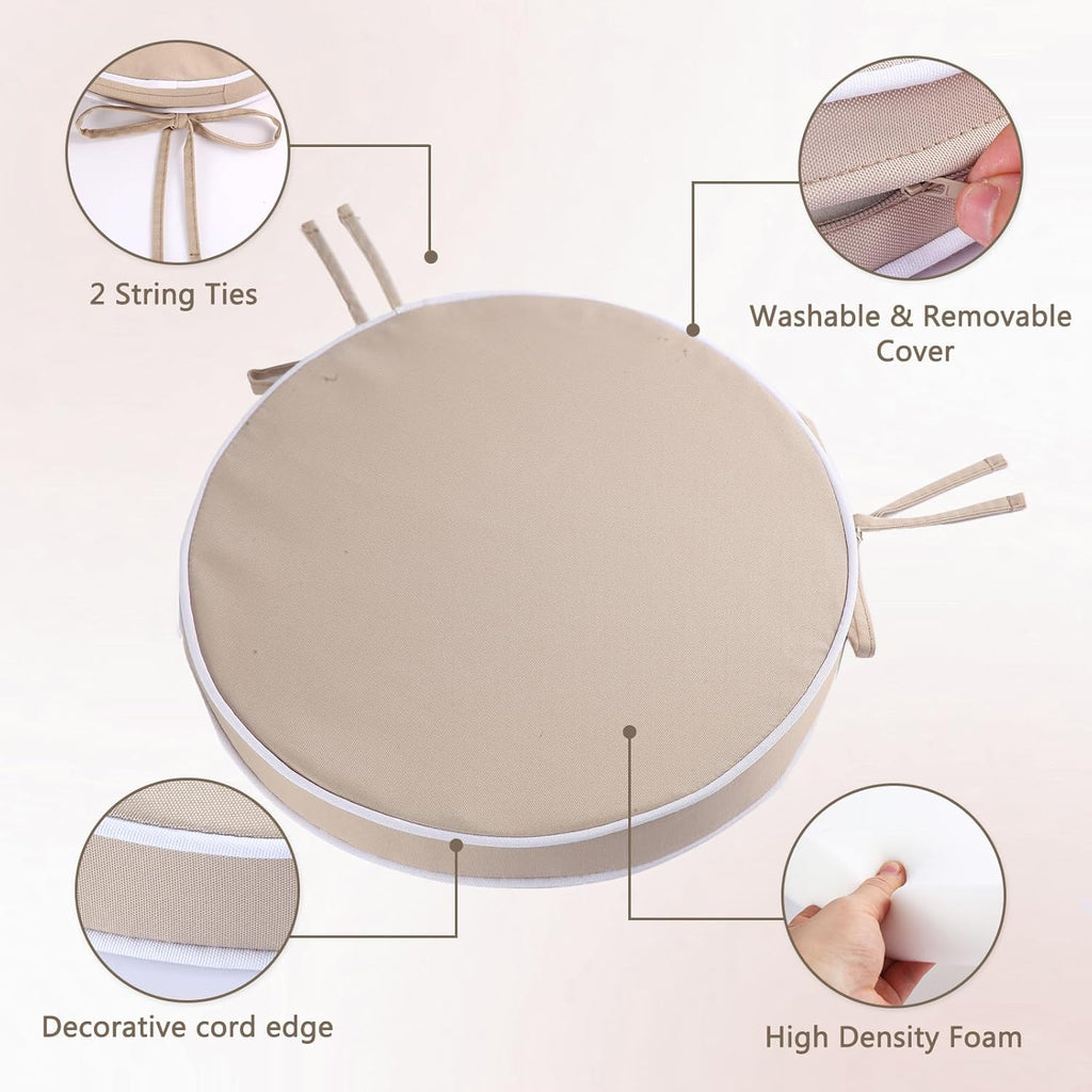 Outdoor Diameter 16 Inch Round Bistro Chair Cushion, Waterproof & Fade-Resistant Circular Seat Pad with Ties for Patio Furniture, Set of 2, Khaki