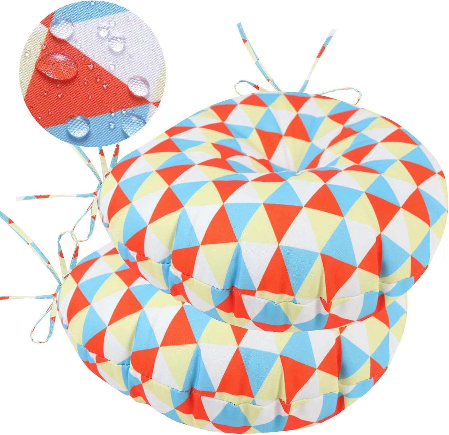 GUEGLSA Outdoor Tufted Round Cushions 15 inch, Waterproof Bistro Chair Cushions 15"x15"x3", Circular Seat Pads with Ties for Patio Garden, Set of 2, Red