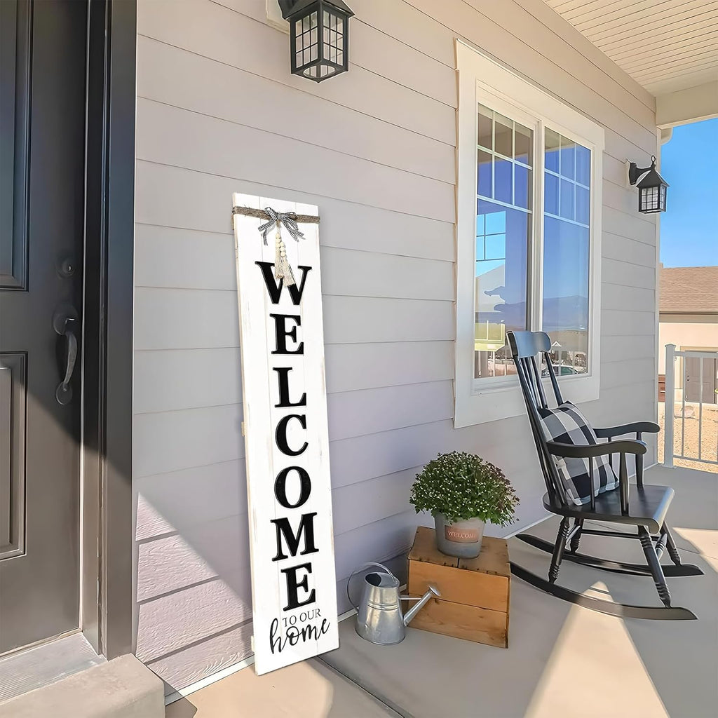 MODE HOME Solid Wood Farmhouse Welcome Sign for Front Porch, 47x10 Inch Large Farmhouse Style Rustic Welcome Sign Stand for Front Door or Entryway(Whitewashed)