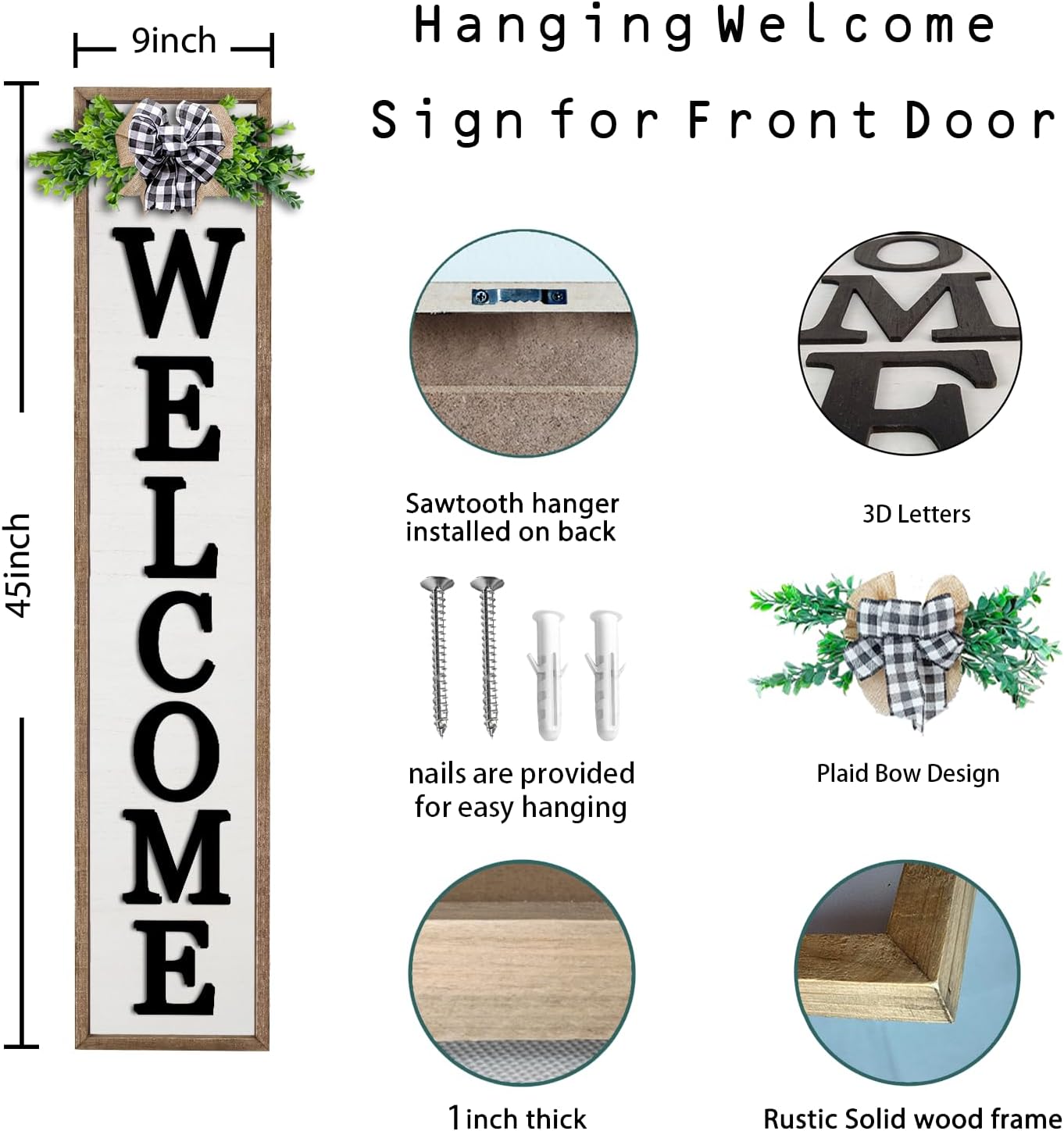 3D Outdoor Welcome Sign for Front Porch Standing 45"X9" Wood Frame Large Vertical Tall Leaner Welcome Signs Decor for Rustic Farmhouse Outside Home Front Door Decorations (Wood White)