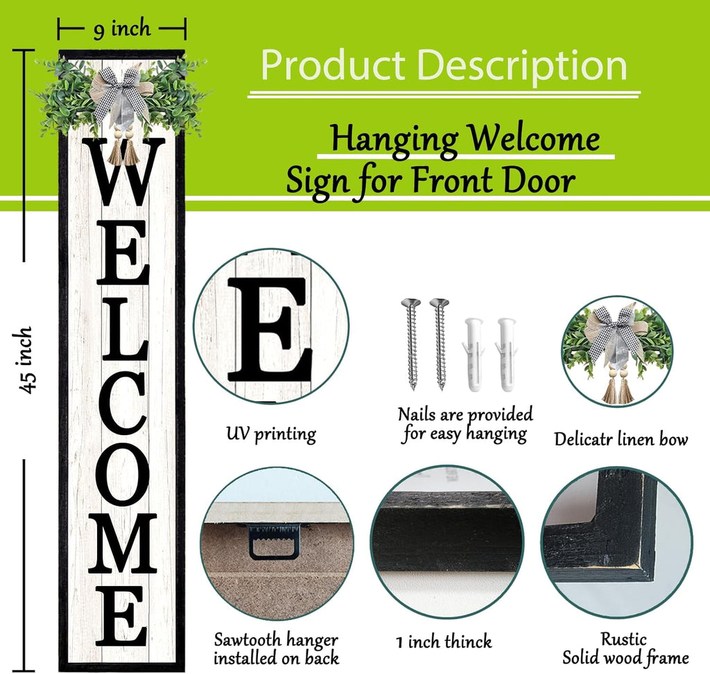 Outdoor Welcome Sign for Front Porch Standing 45"×9" Tall Wood Frame Vertical Leaner farmhouse Outside Rustic Large Welcome Sign for Front Door Home Decorations (Black)